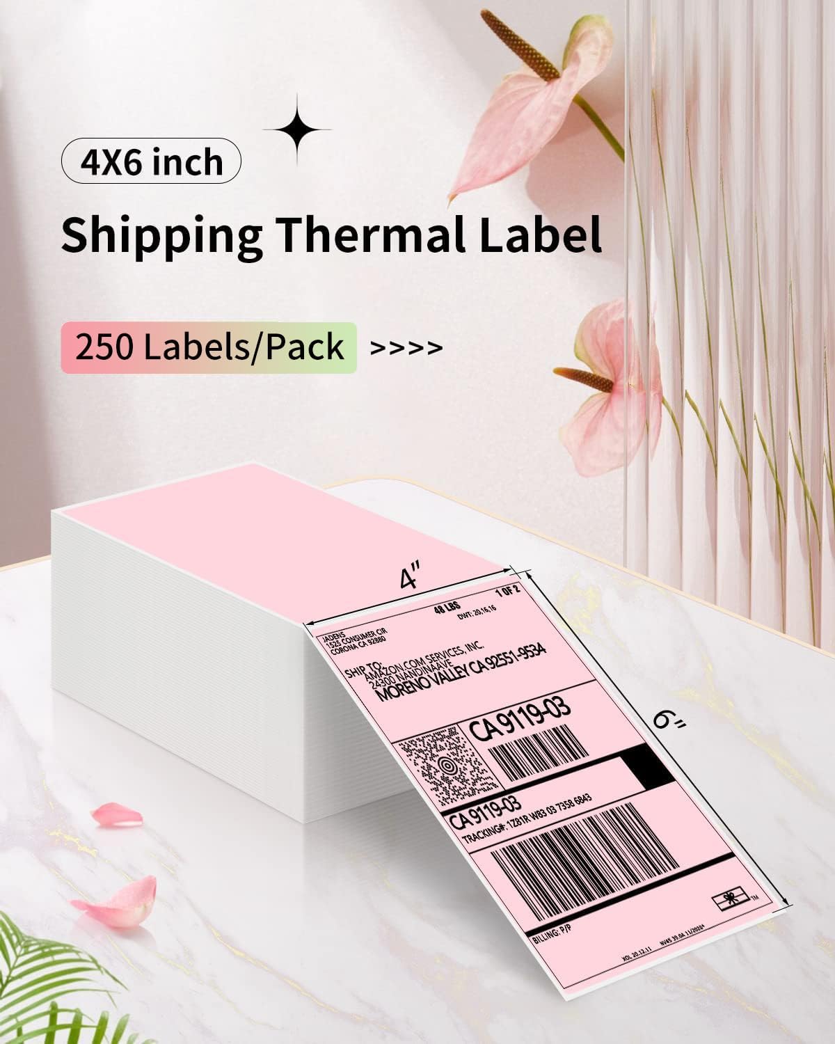 JADENS 4X6 Thermal Direct Shipping Label Compatible with JADENS MUNBYN, IDPRT, Rollo, Postage Label Paper for Small Businesses, 250 Labels/Pack, Pink