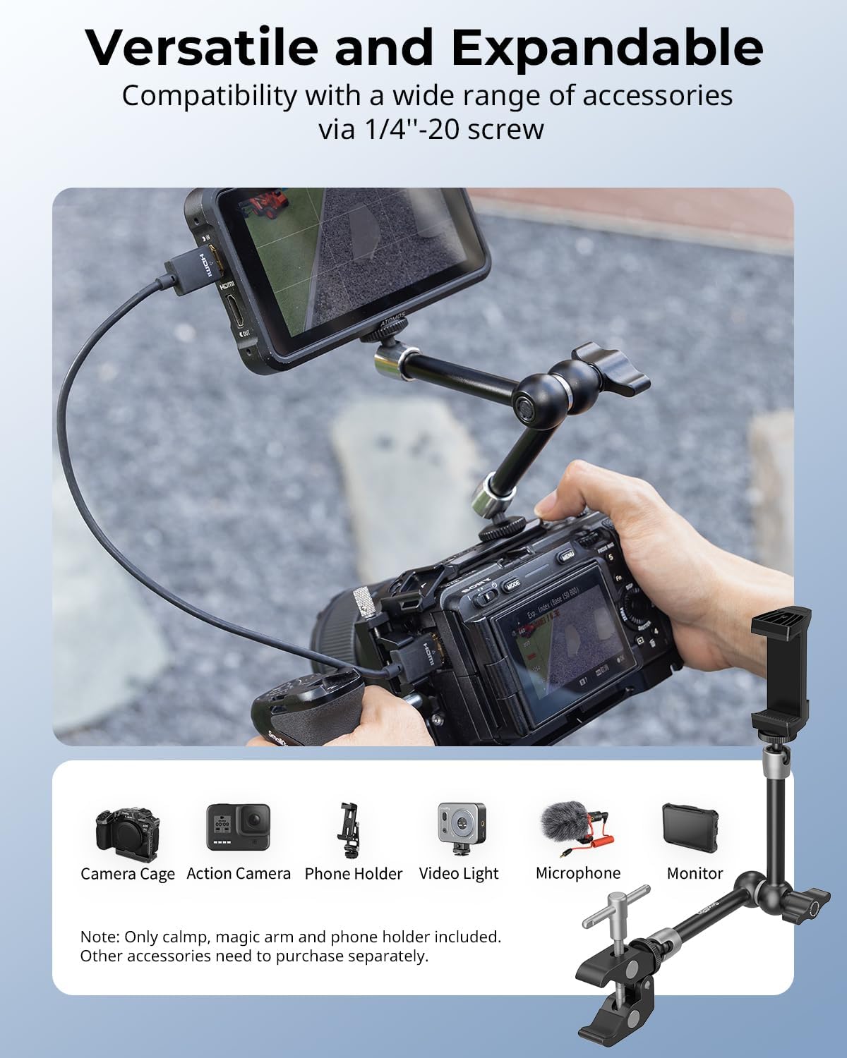 SMALLRIG Clamp w/ 1/4" and 3/8" Thread Holes, 9.8 Inches Adjustable Friction Power Articulating Magic Arm with Phone Holder for Action Cameras, Smartphones, LCD Monitor/LED Lights - 5326