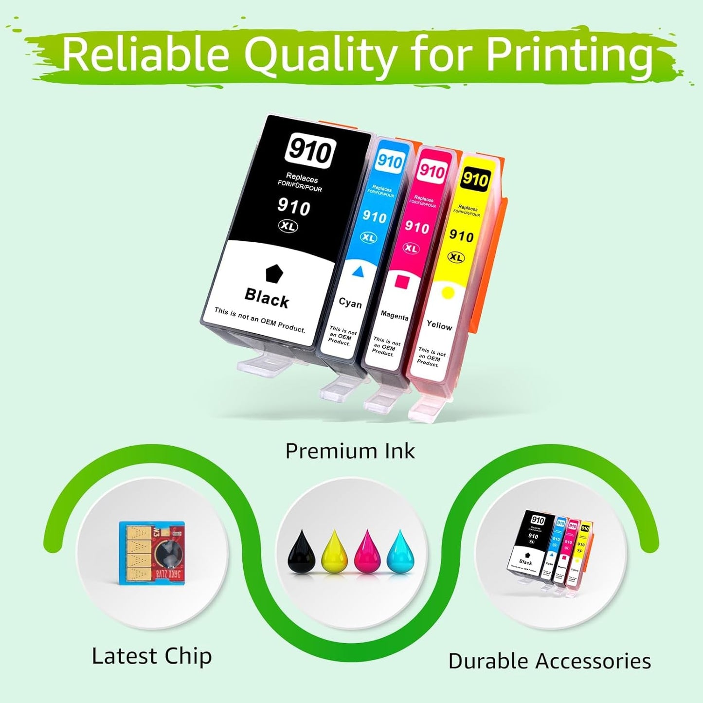 greencycle 910XL Ink Cartridges Replacement for HP Ink 910 910Xl Black and Color Combo Pack Compatible with OfficeJet 8010 8015 8018 8022,OfficeJet Pro 8020 8030 8025 8028 8035 Printer (BCMY-4 Pack)