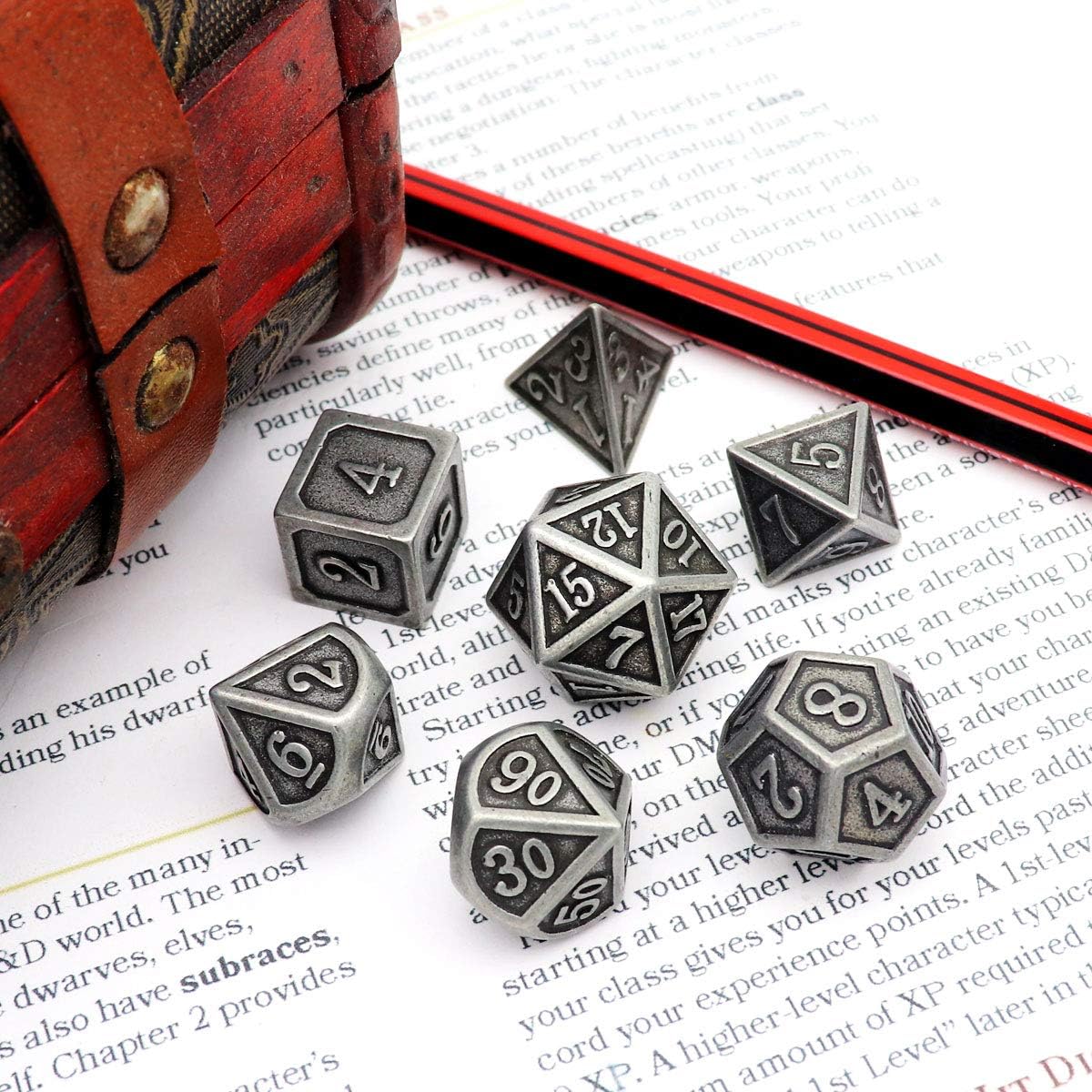 Haxtec Antique Iron Metal DND Dice Set Silver D&D Polyhedral Dice W/PU Leather Dice Bag Compatible with Dungeons and Dragons Gift TTRPG