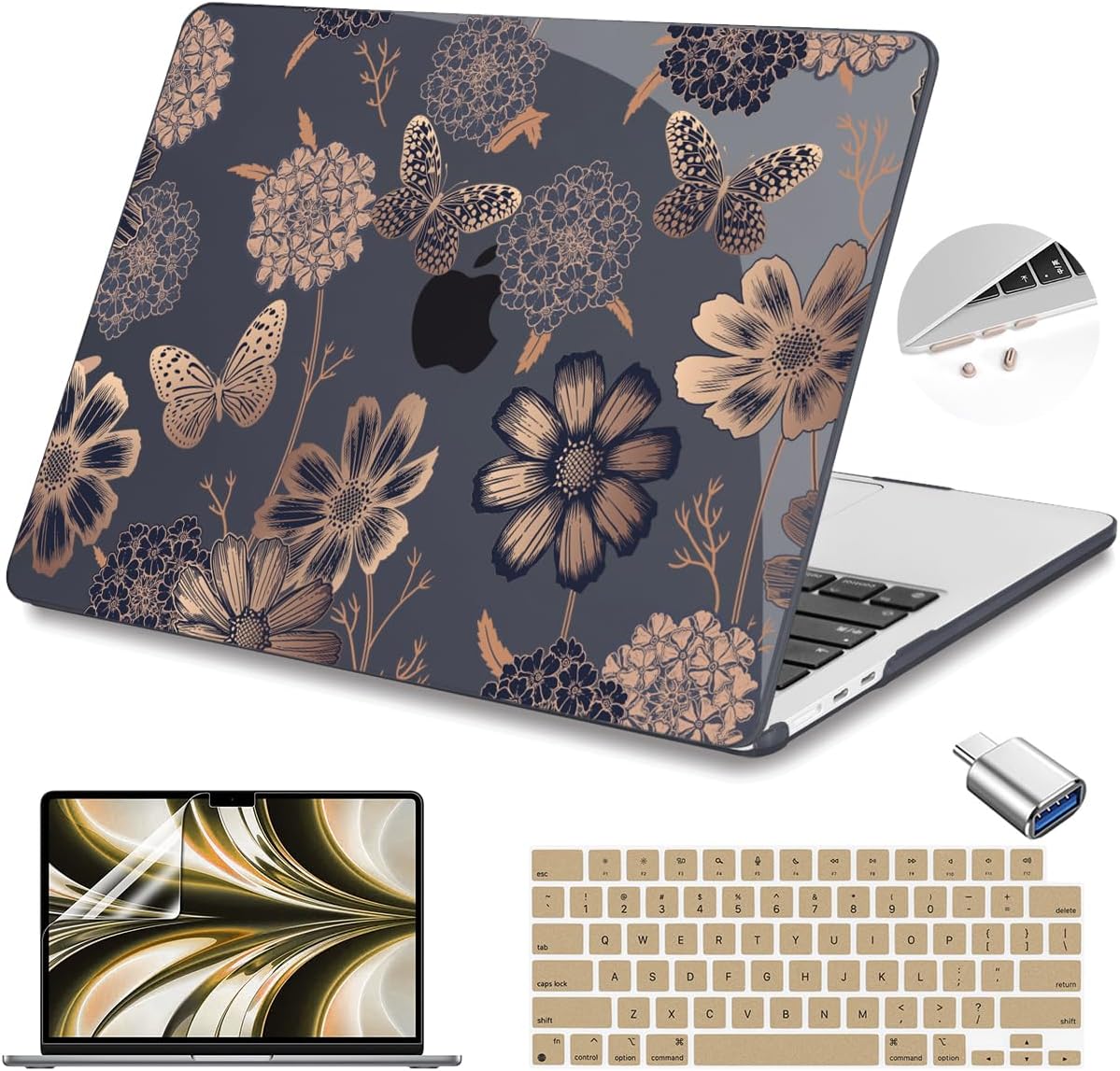 Teryeefi for MacBook Air M2 M3 M4 13.6 Case 2022 2023 2024 2025 Release A2681 A3113 A3240, Clear Hard Shell with Keyboard Cover & USB 3.0 Adapter & Screen Protector, Gold Floral Butterfly