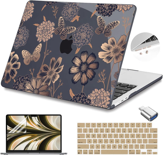 Teryeefi for MacBook Air M2 M3 M4 13.6 Case 2022 2023 2024 2025 Release A2681 A3113 A3240, Clear Hard Shell with Keyboard Cover & USB 3.0 Adapter & Screen Protector, Gold Floral Butterfly