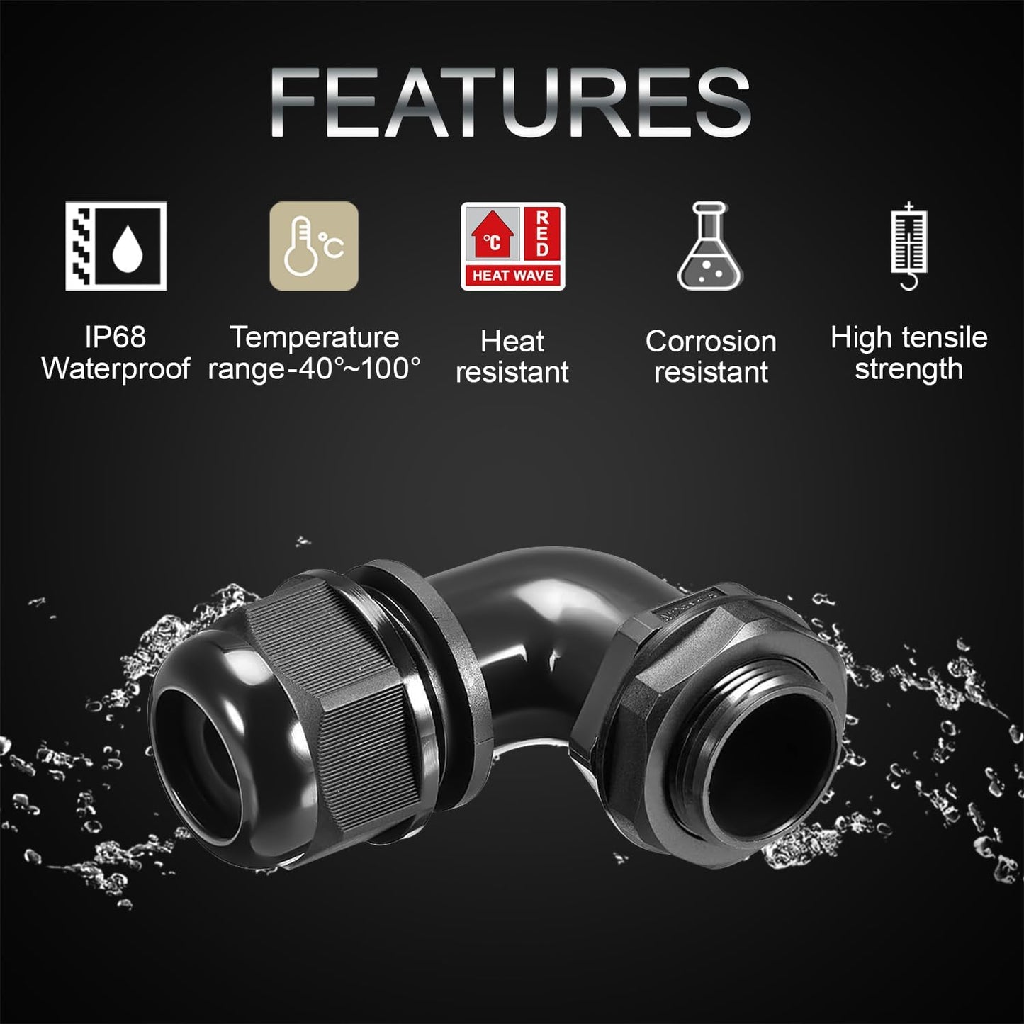 LeMotech M32 Cable Gland, 90 Degree Adjustable 18-25mm Strain Relief, Cord Connectors Nylon Joints with Gaskets, 2 Pcs, Black