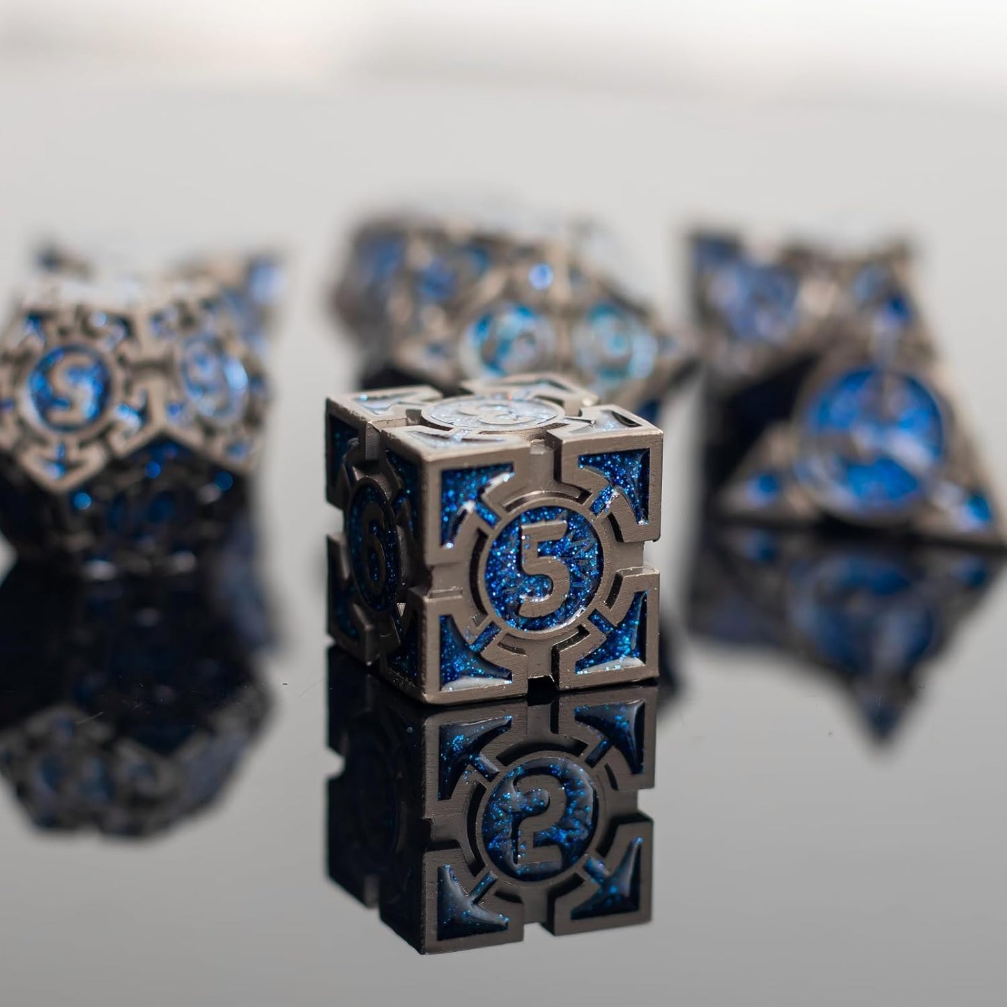 Blue Black Nickel Finish Heavy Metal DND Dice Set (Wizard) with A Metal Box, Sharp Edge Zinc Alloy D&D Accessories, D4-D20, Designed for Dungeons & Dragons Master, RPG Player, Starter