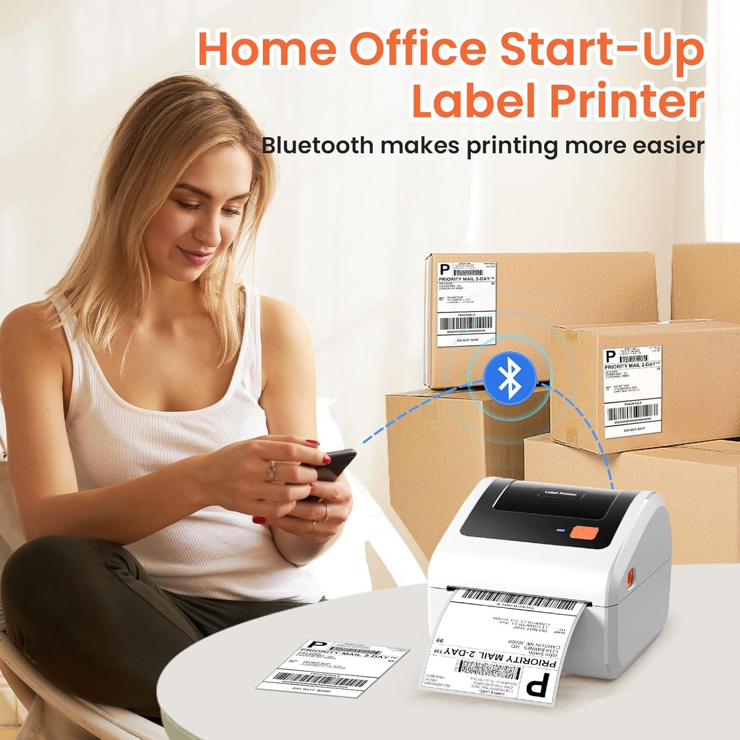 Bluetooth Thermal Shipping Label Printer - D450BT Thermal Label Printer 4x6 for Small Business & Shipping Packages, Compatible with iPhone, Android, iPad, Windows, macOS, USPS, Amazon, Tiktok