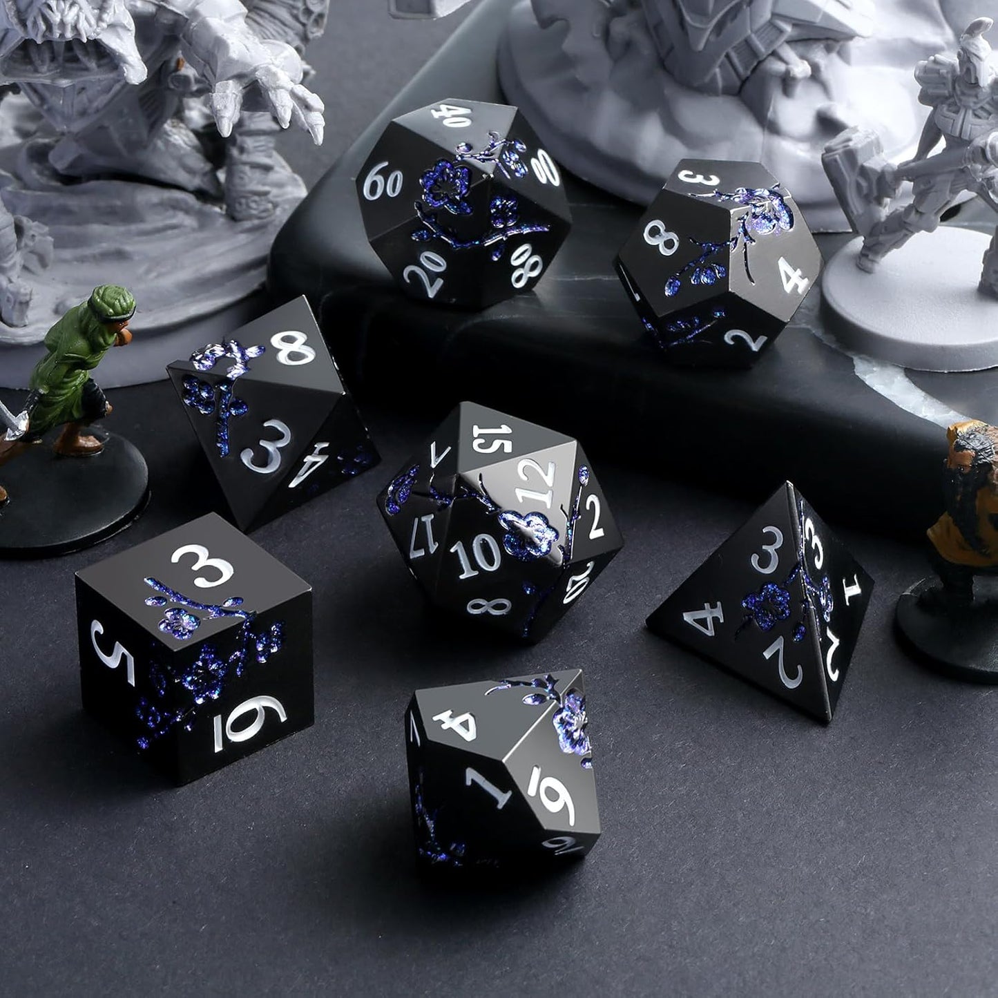 Glitter Blue D&D Metal Dice, DNDND 7 PCS Flower Metallic DND Dice Set with Gorgeous Gift Case for Dungeons and Dragon Tabletop Game (Matte Black with Glitter Blue Flower)