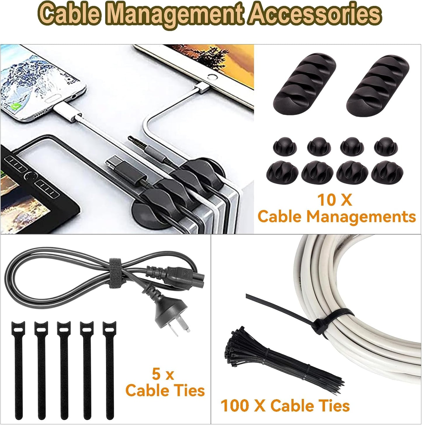 Cable Management Box 3 Pack with 125PCS Cable Management Kit for Power Strip to Hide Wires,Cord Organizer Boxes,Safe ABS Material Wire Organizer of Cable Clips Sleeve for Home & Office