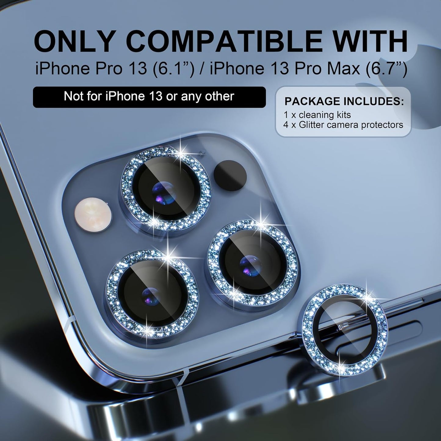 Choiche [3+1 for iPhone 13 Pro/iPhone 13 Pro Max Camera Lens Protector Bling, 9H Tempered Glass Camera Cover Screen Protector Metal Ring Decoration Accessories (Glitter-Sierra Blue)