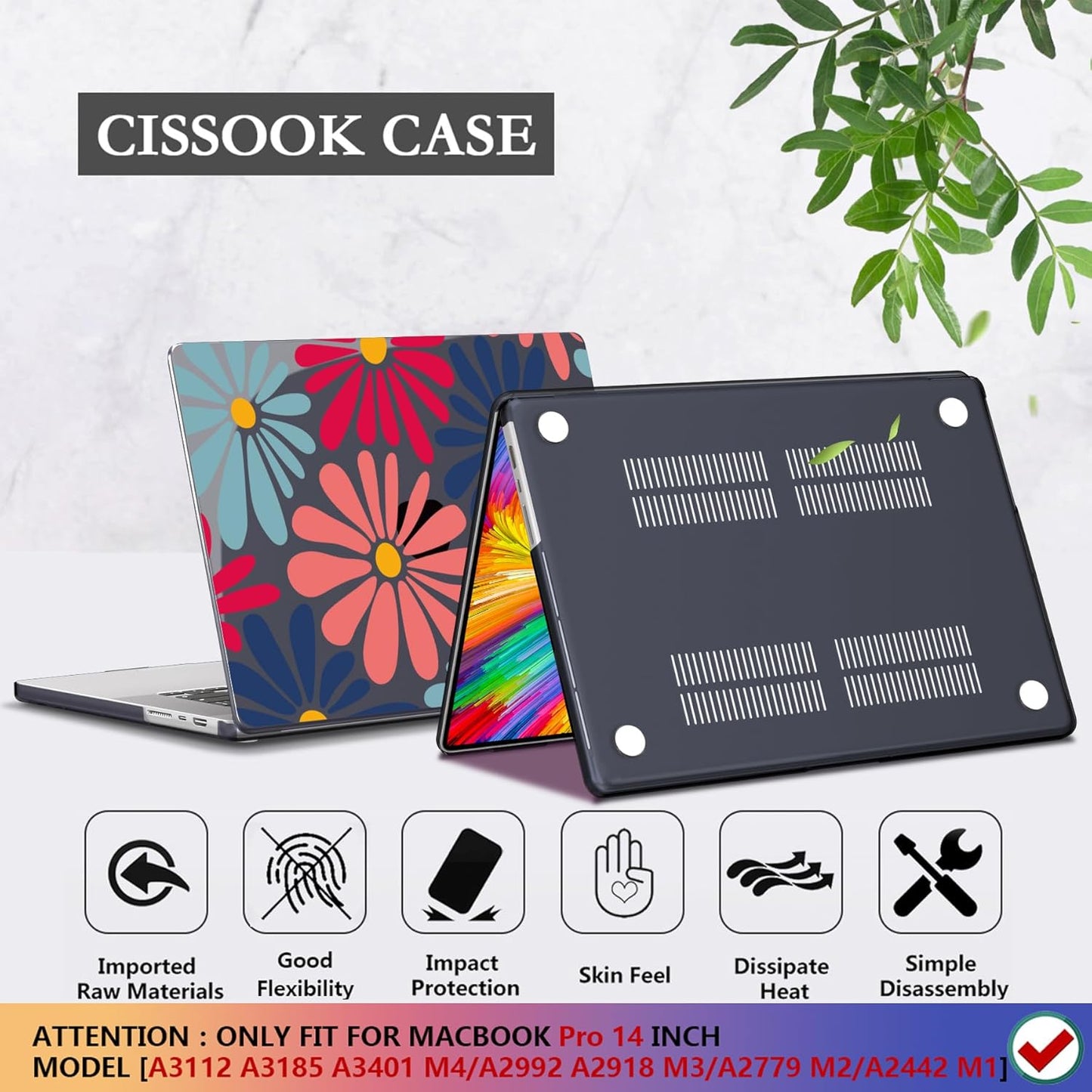 CISSOOK Compatible with MacBook Pro 14 inch 2025 2024-2021 Release M4 M3 M2 M1 Chip A3112 A3185 A3401 A2918 A2992 A2779 A2442l, Hard Shell Case with Keyboard Cover&Screen Protector, Daisy Flowers