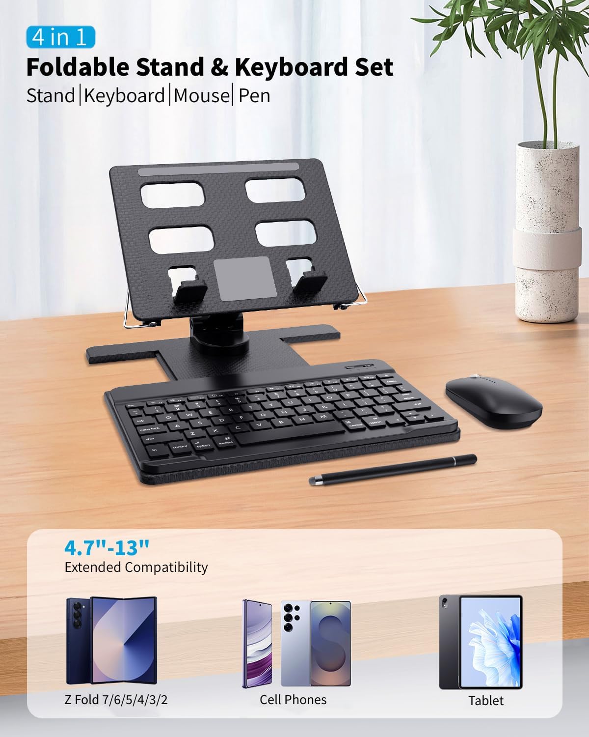Desk Stand and Bluetooth Keyboard Combo for Samsung Galaxy Z Fold 7/6/5, 4 in 1 Set Include Mouse Pen, Adjustable Foldable Tablet Stand Holder Fits for 4.7"-13" Smartphones Tablet