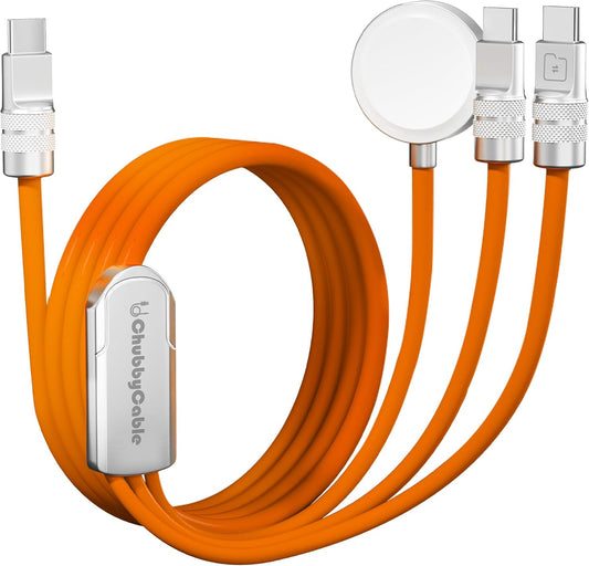 chubbycable Tri-Flex 3 in 1 USB C Cable for Apple Watch Charger Silicone 100W Multi Charging Cable Fast Charge Compatible with iPhone 16/15 Series iWatch iPad Airpods MacBook, 4.1FT, Orange