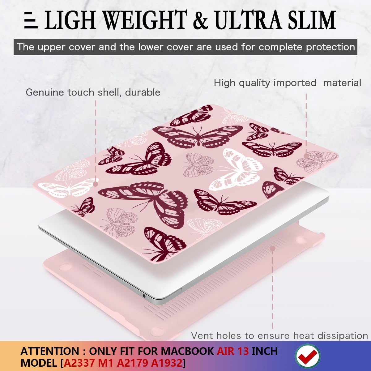 CISSOOK Butterfly Case for MacBook Air 13 Inch Pink 2021 2020 2019 2018 Release Model A2337 M1 A2179 A1932, Pink Cover with Keyboard Cover for MacBook Air 13 with Retina Display and Touch ID