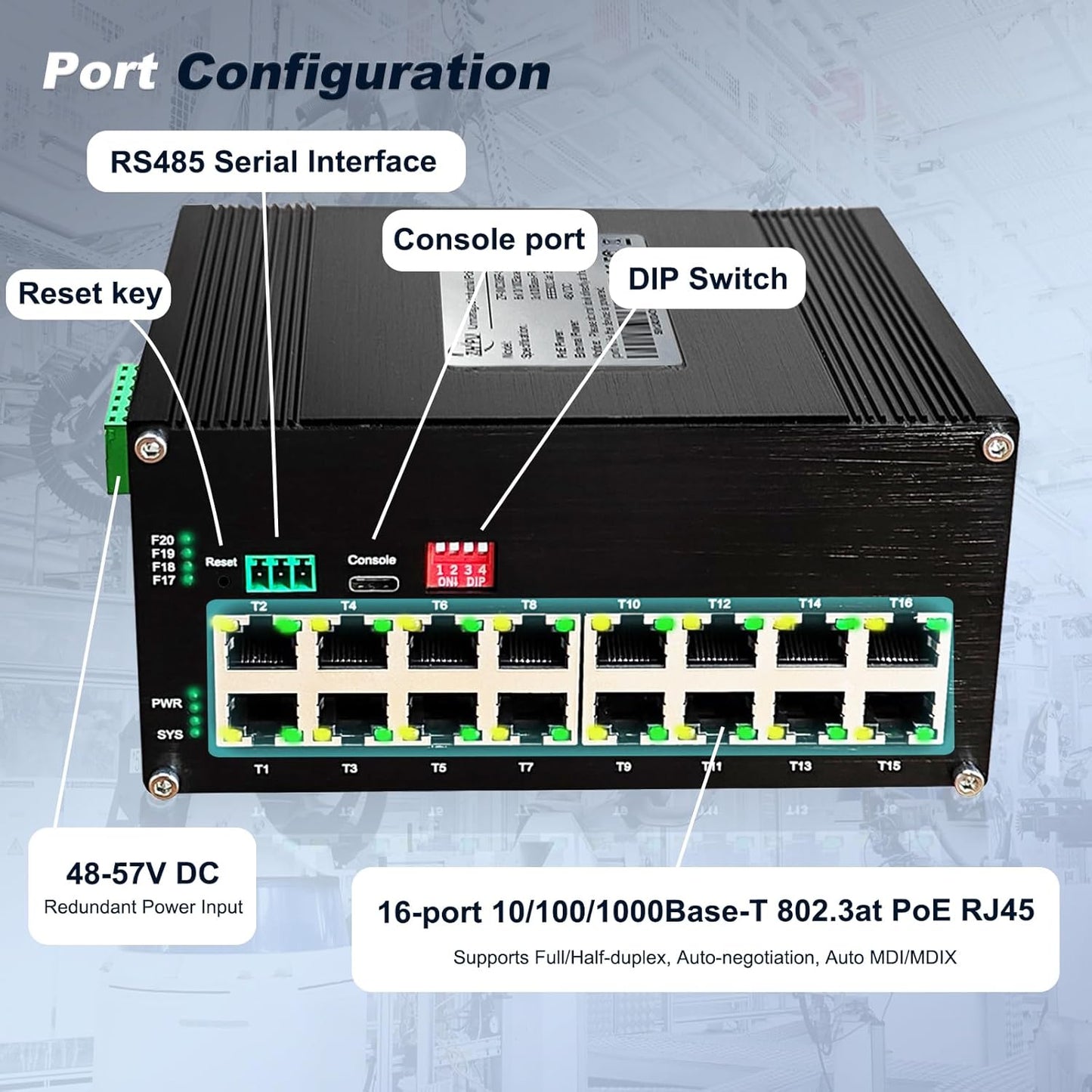 Industrial L2+ Managed 16 Port PoE Ethernet Switch, Gigabit Networking Switch with IPv4/IPv6 Management and DIP Switch, Supporting Din-Rail