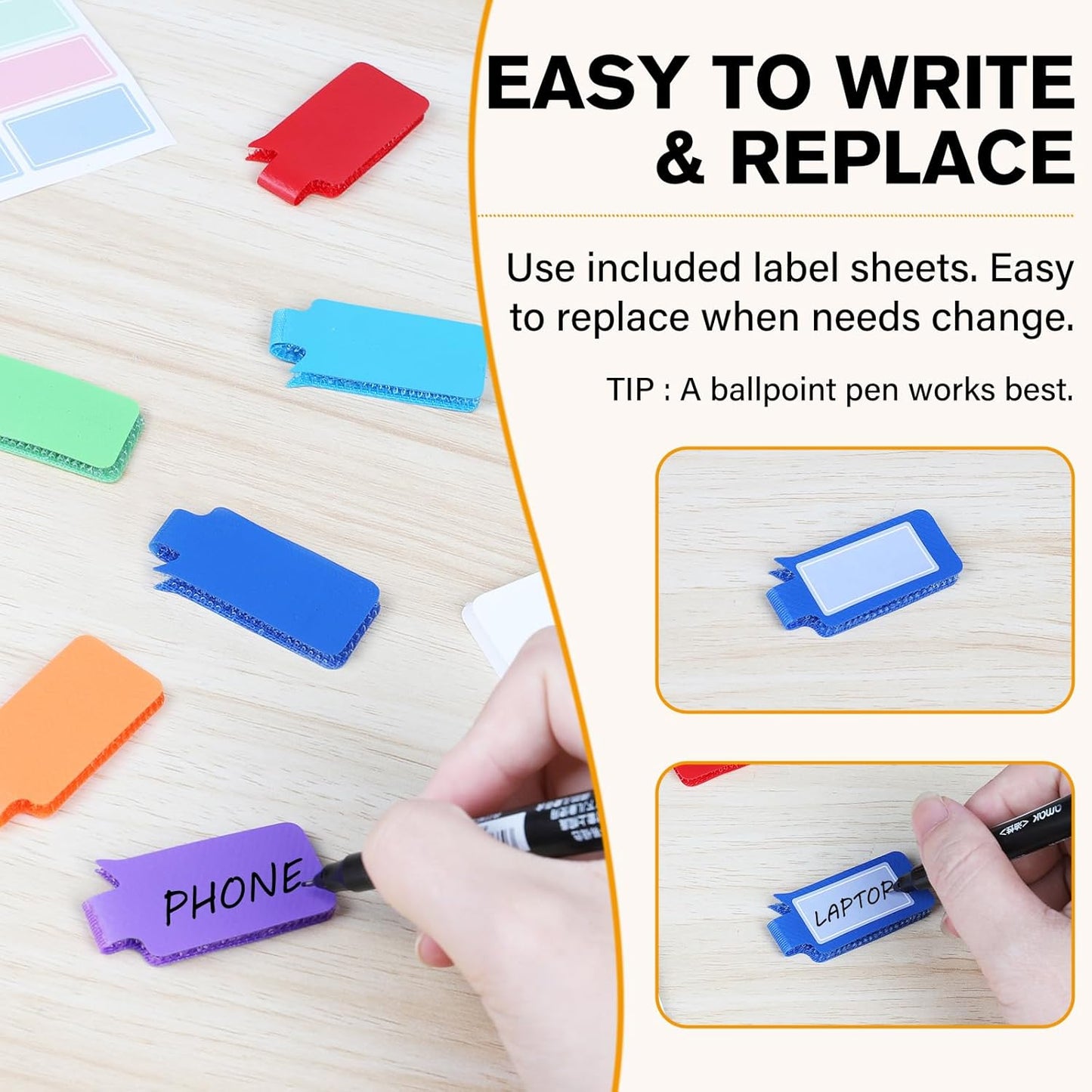 36Pcs Large Cable Labels - 8 Colors Reusable Write-On Wire Labels Tags, Cord Identification Labels for Electronics, with 40Pcs Label Stickers, Cable Management for Home, Office, Rectangle