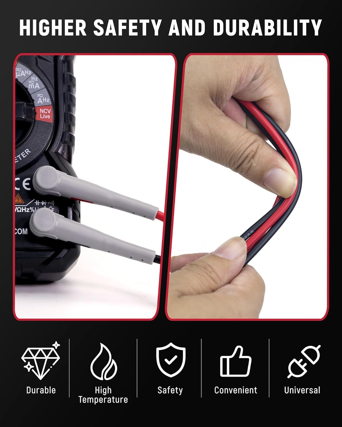 KAIWEETS Silicone Multimeter Test Leads with Gold-Plated Probes, 48 inch Long, CAT III 1000V CAT IV 600V 20A, Compatible with Volt Clamp Meter Electrical Testing Tools