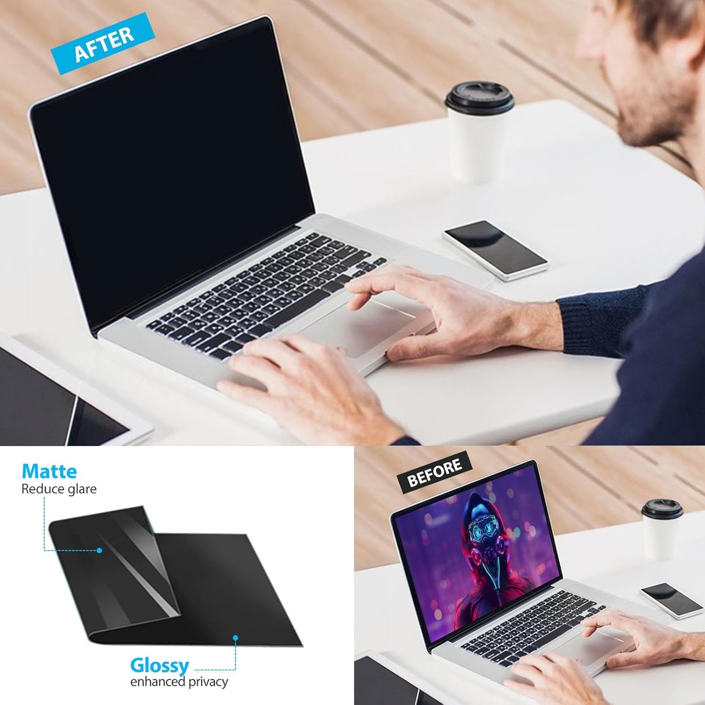 Magnetic Laptop Privacy Screen Filter 13.3 inch for 16:9 Widescreen Computer Monitor, Removable Anti Blue Light Privacy Shield, Anti-Glare Protector