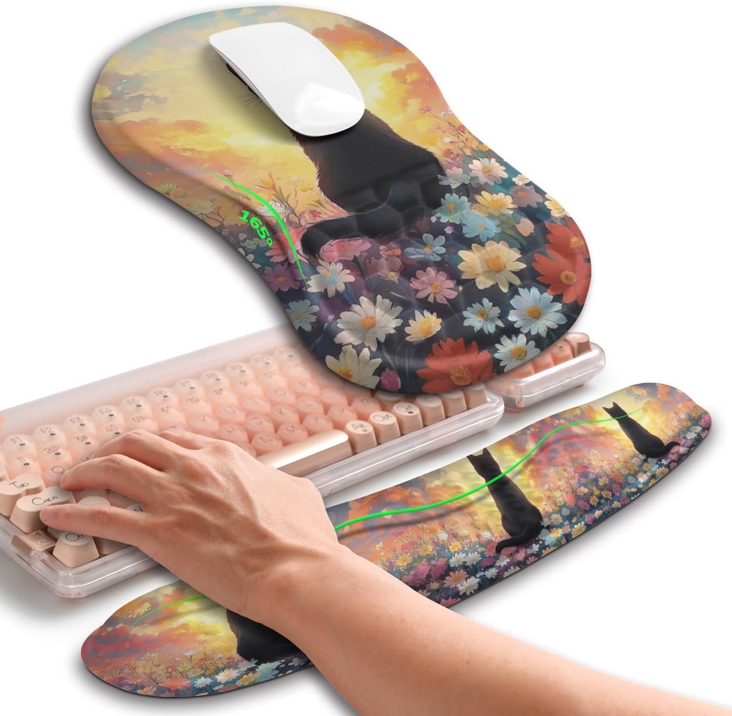 Hokafenle 2in1 Combination, Wave Keyboard Wrist Rest and Ergonomic Curvature Mouse Pad Wrist Support for Relieve Wrist Pain, Filled with Soft Cushion Memory Foam, Wishing Cat