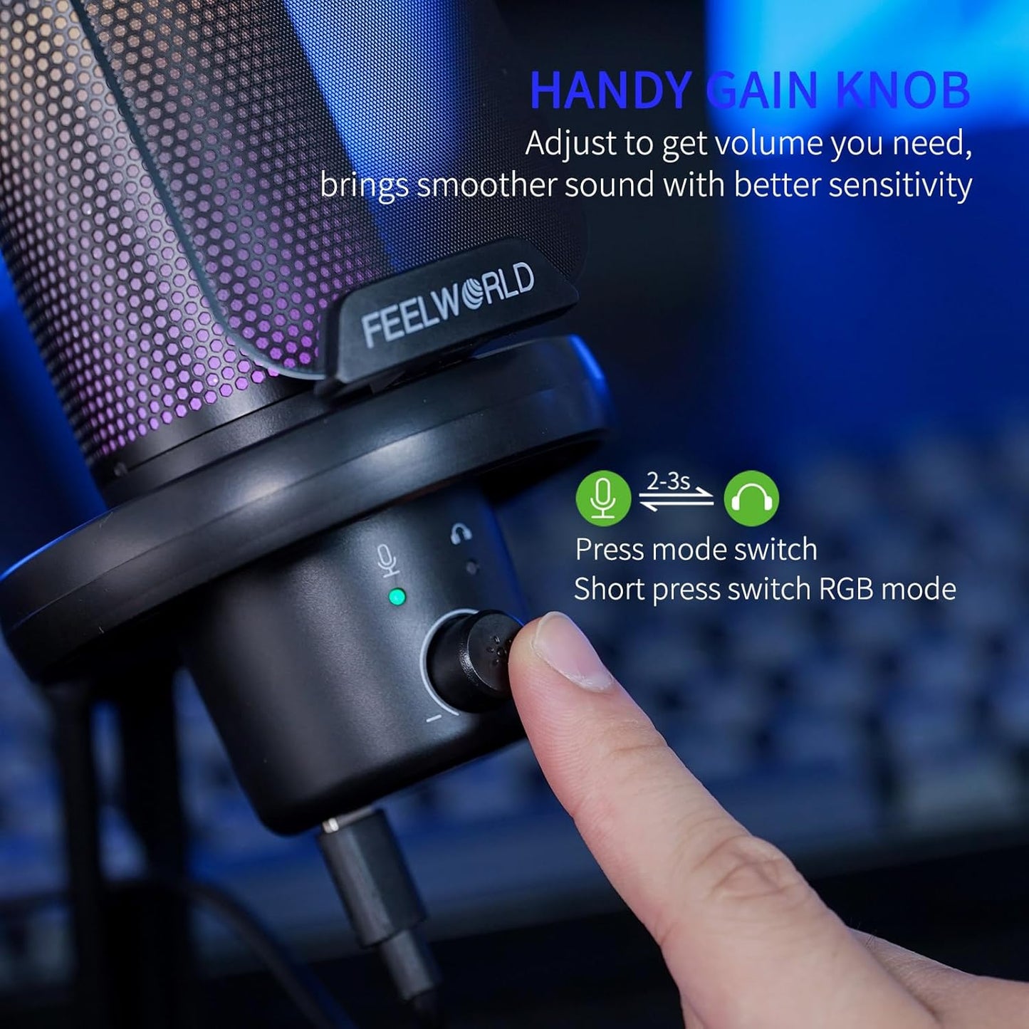 FEELWORLD VM1 Gaming PC USB Microphone Condenser Mic with Noise Cancellation Mute RGB Light, Computer Accessories Gifts for Gamer YouTube Twitch Podcast Streaming Recording Online Chat PS4 PS5