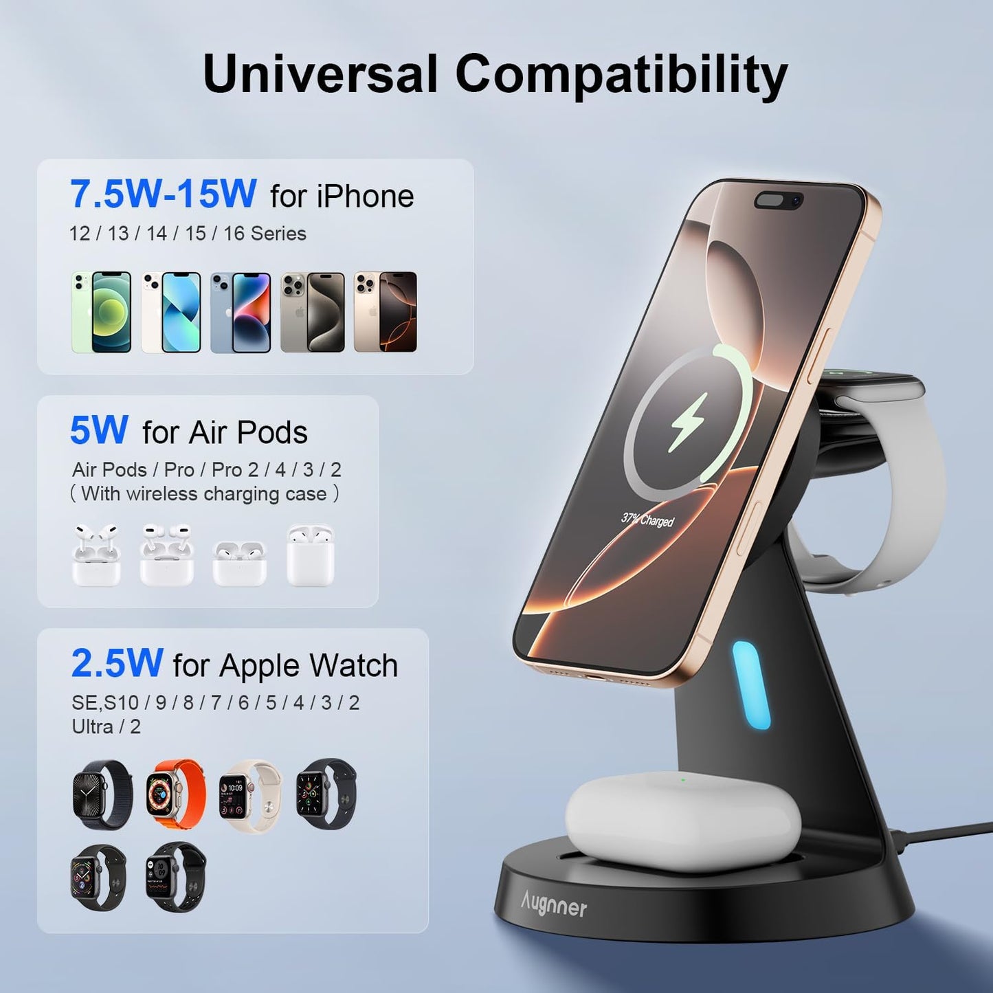 Magnetic Wireless Charger Stand 3 in 1 Charging Station 15W Fast Charging Stand Wireless Charger for iPhone16/15/14/13/12 Series, Watch Series, Earphone,Non-Slip Base