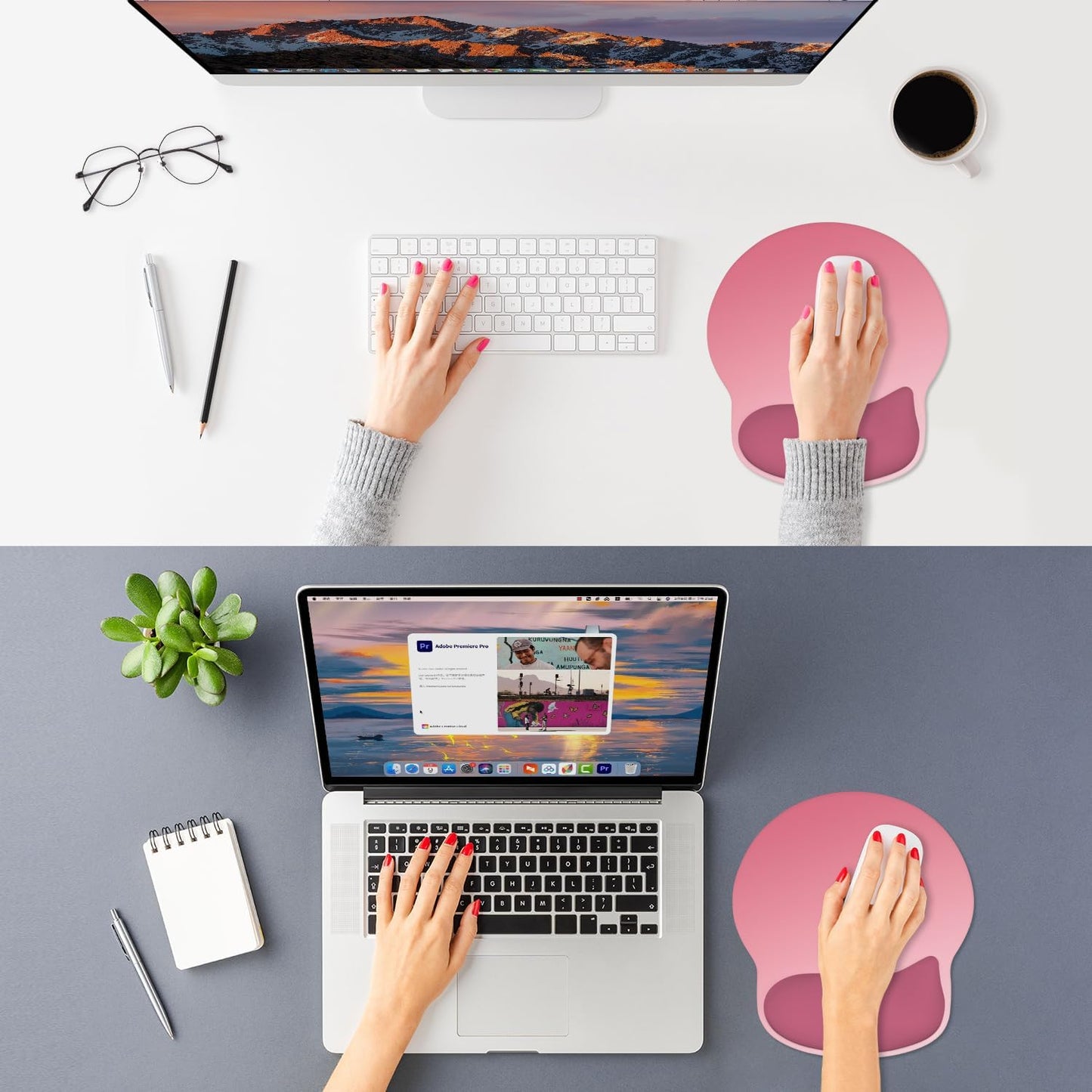 ITNRSIIET Ergonomic Mouse Pad with Wider Memory Foam Wrist Rest +17% - Curved Cushion Reduces Pressure 20%, Pain Relief, Non-Slip, Smooth, Cute Colors, 9.85 x 9 in, Pink Ombre