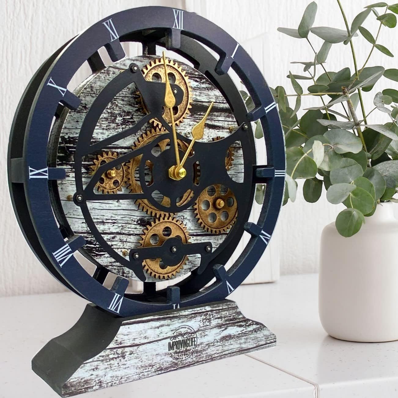 ImprovingLife The Gears Clock Desk Clock 10 inches with Real Moving Gears Convertible into Wall Clock (Grey & White)