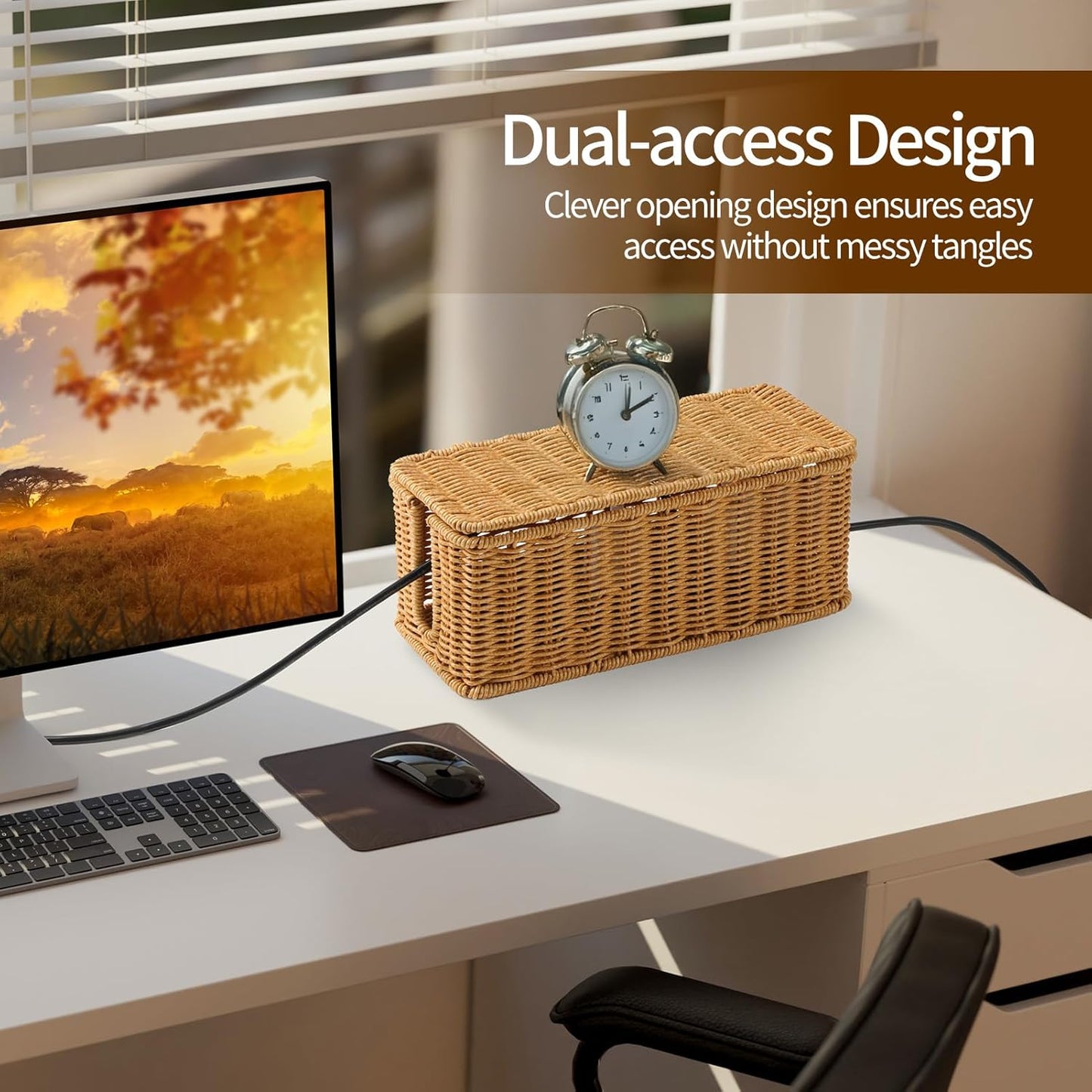 Delamu Handmade Rattan Cable Management Box, Cord Organizer with 2 Open Slots, Desk Cord Box Hider for Computer Router USB Hub Power Strip, 12.5" Lx 5.1" Wx 5.1" H, Natural