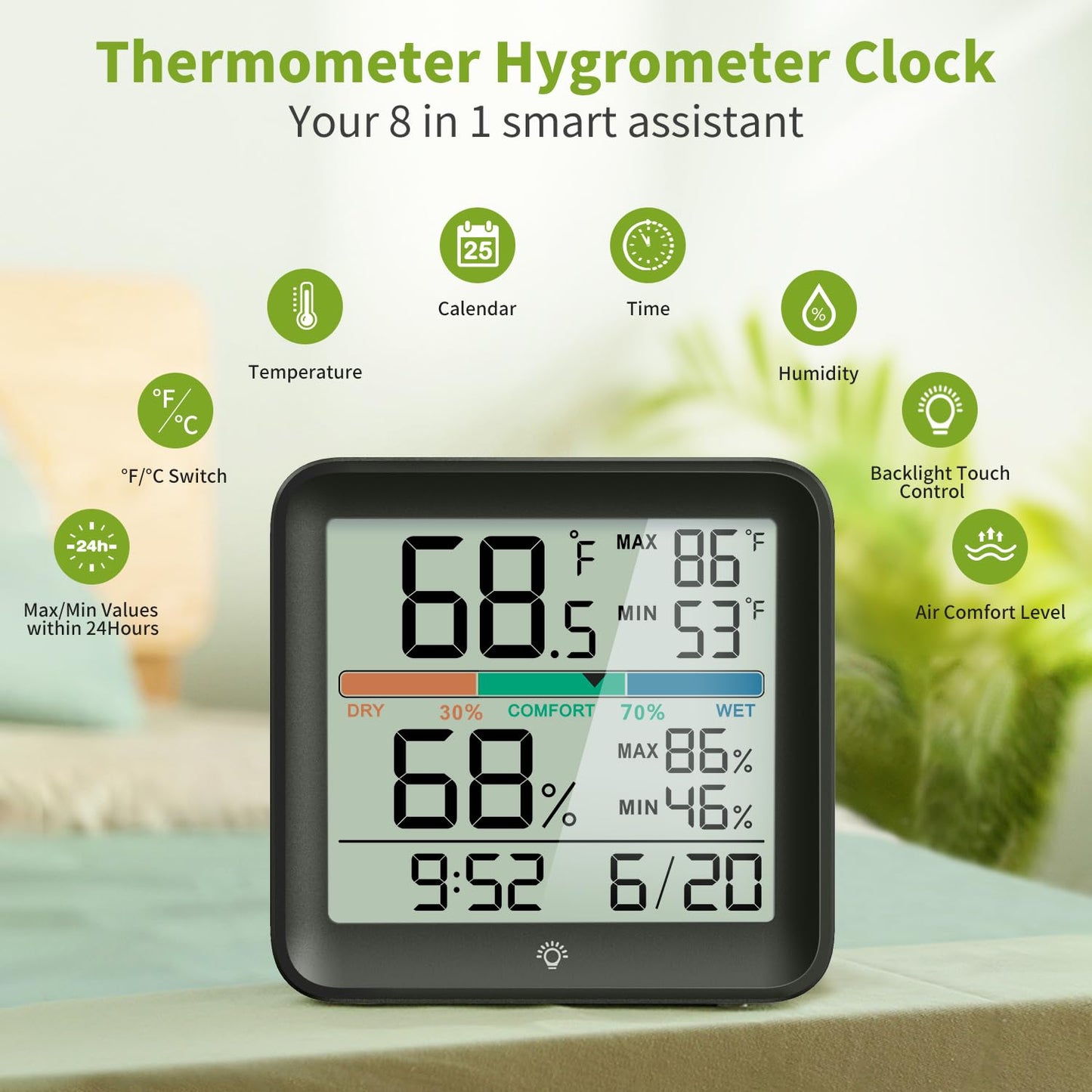 Indoor Thermometer Room Temperature Home Hygrometer Humidity Gauge, Accurate Calibration, Backlight, Air Comfort Indicator, Max Min Records, Time, Date (1, Black, 3.6" W x 3.4" H)