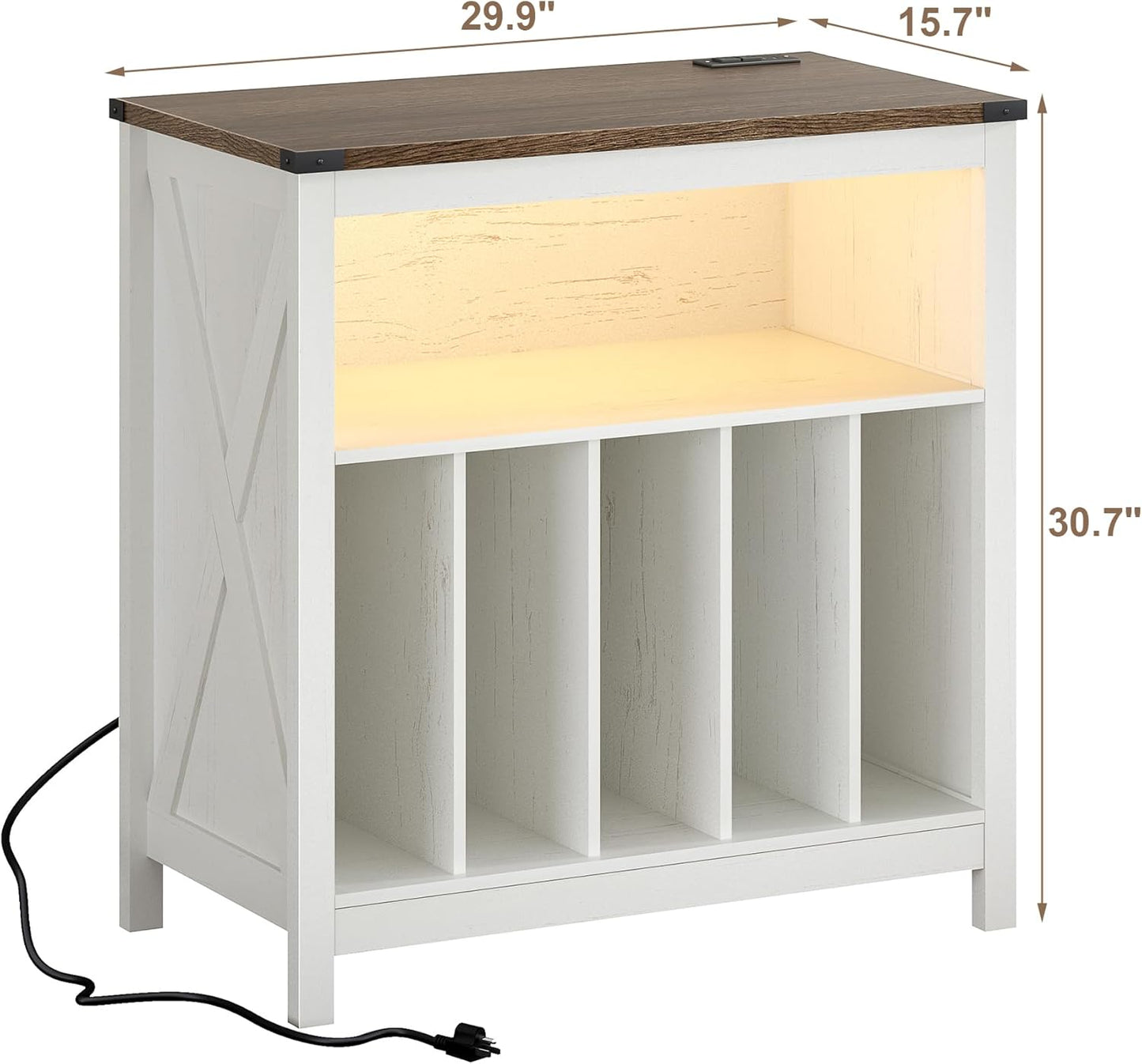 ChooChoo Large Record Player Stand with Charging Station & LED Light, Vinyl Record Holder hold up to 300 Albums, Farmhouse End Table for Bedroom, Living Room, Soft White