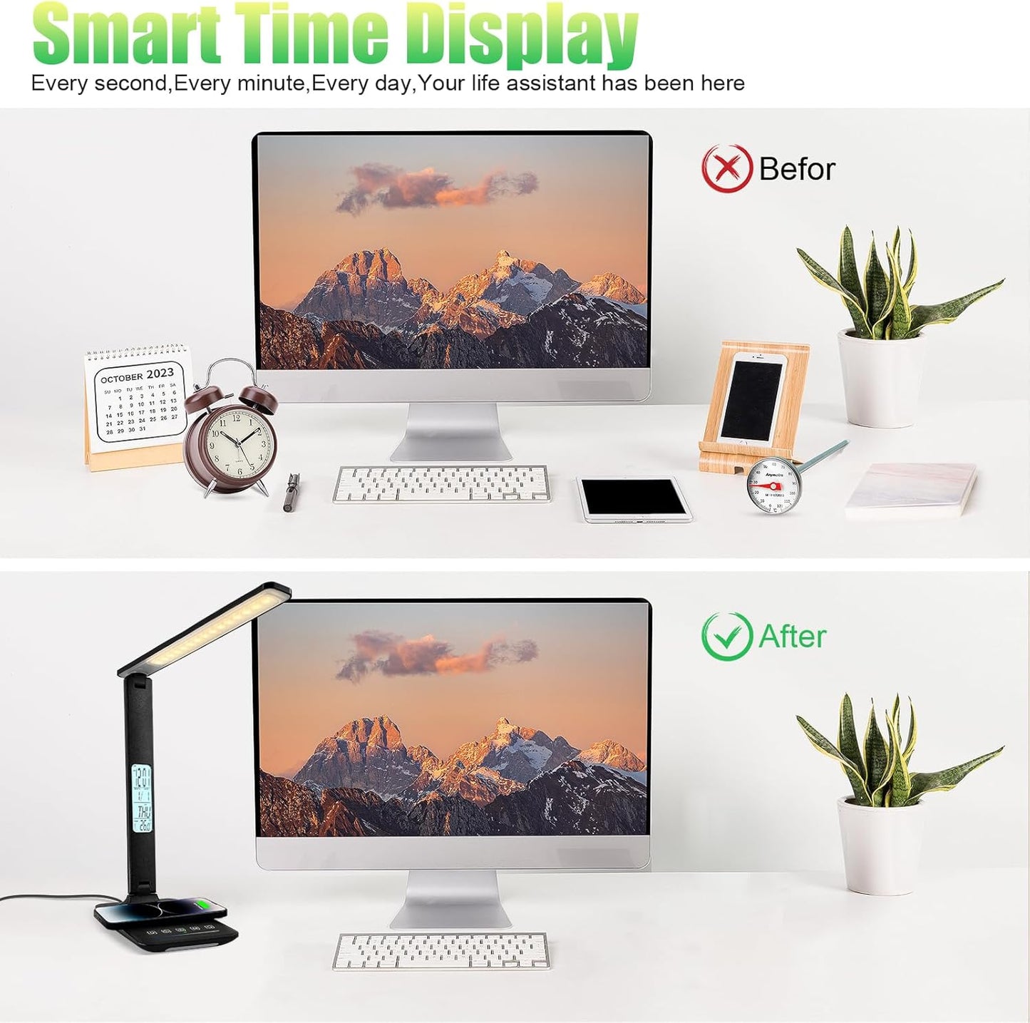 Desk Lamp with Wireless Charger，USB Charging Port, Dimmable Office Desk Light with Clock, Alarm, Date, Temperature, Foldable Lamp for Table Bedroom Bedside Office (Black Pro, Standard Size-13.3 inch)