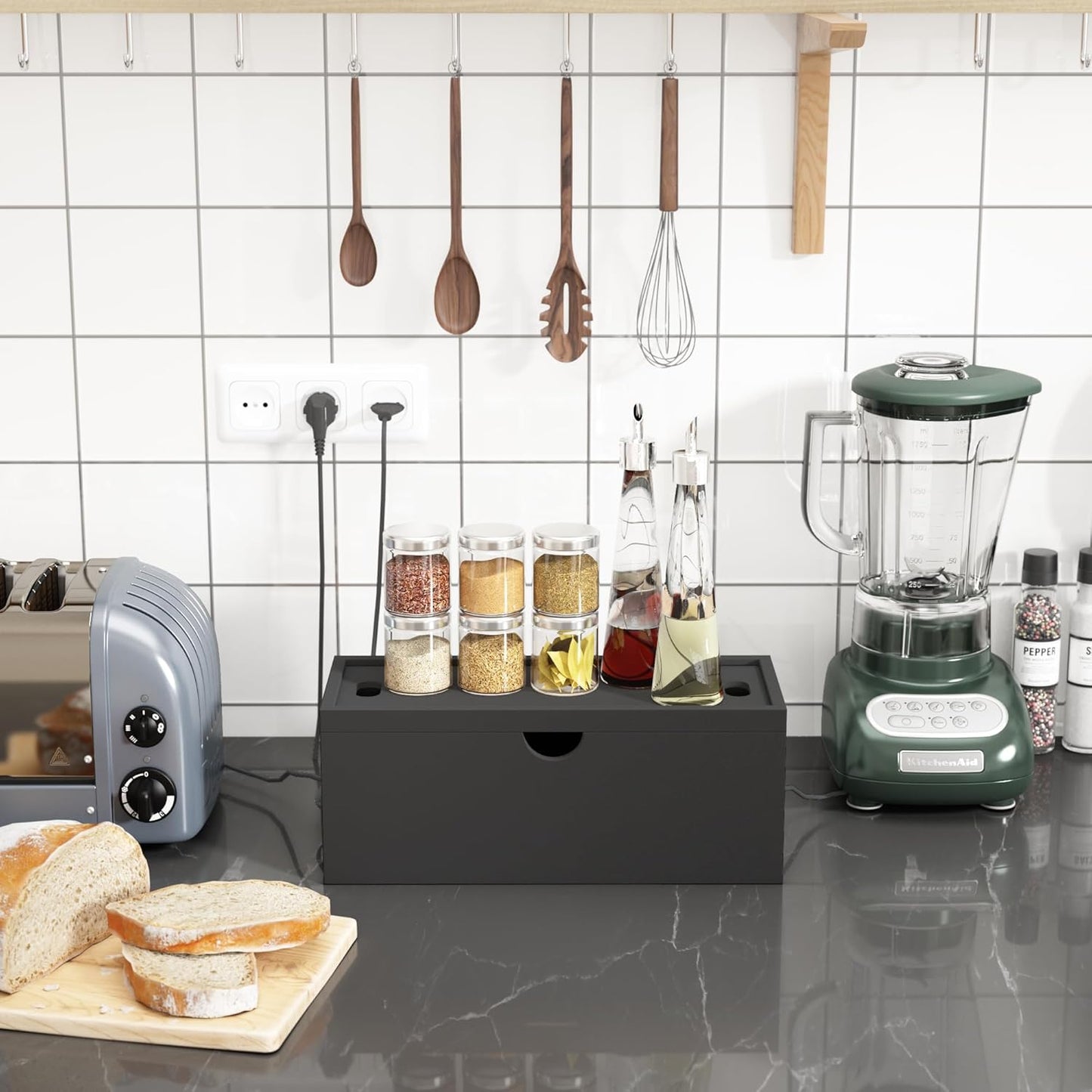 Bamboo Cable Management Box, Large Cord Organizer Box Cable Box to Hide Wires & Power Strips for Desktop Storage Cord Holder for Office Home,No Assembley Required (All Black, 2 Packs(M+L))