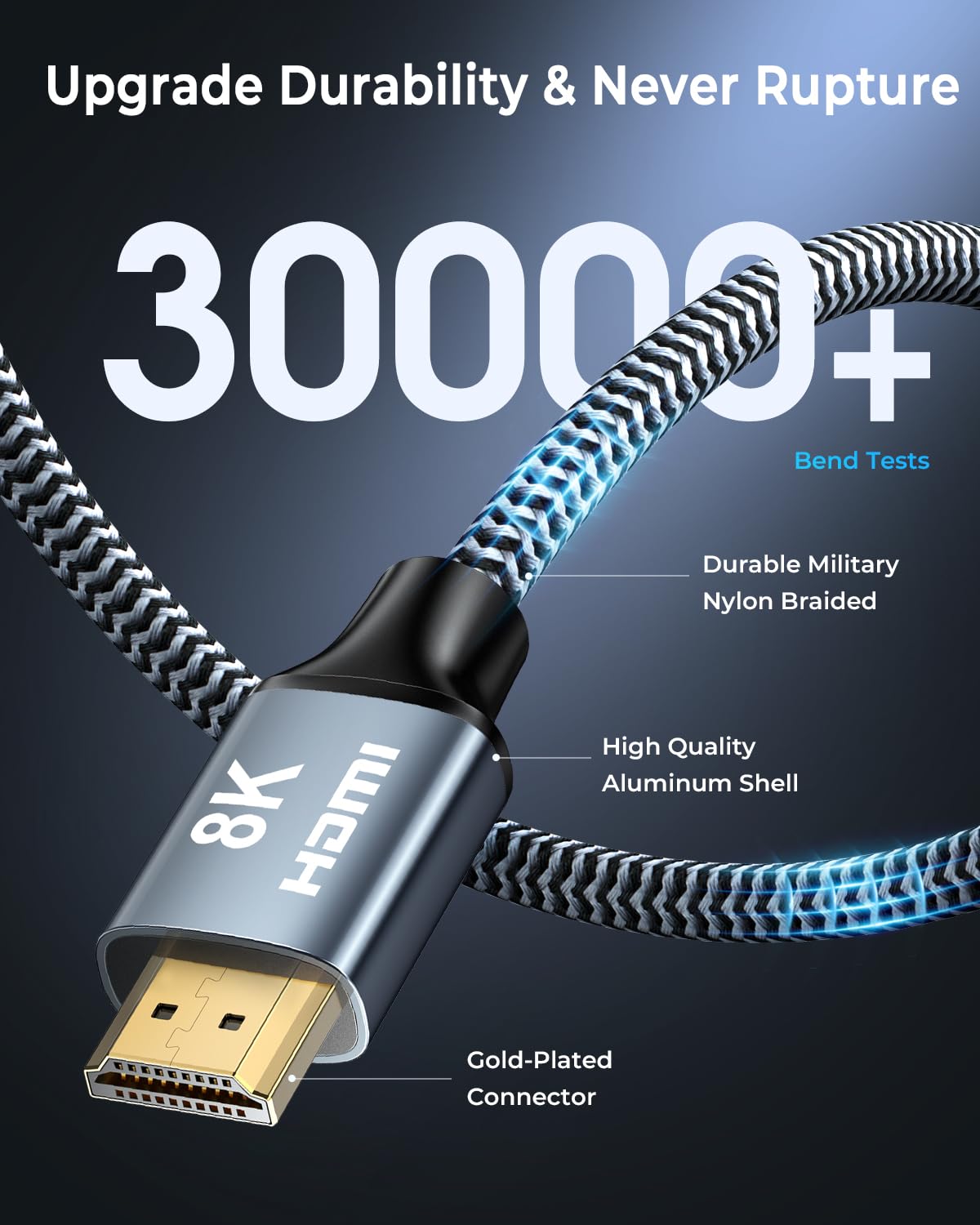 8K HDMI Cable 50 ft, 48Gbps High Speed HDMI 2.1 Cable, Braided HDMI Cable 2.1 8K 60Hz 4K 120Hz Support for HDR eARC HDCP 2.2/2.3, HDMI Cord Compatible with HDTV, Laptop, Monitor, PC