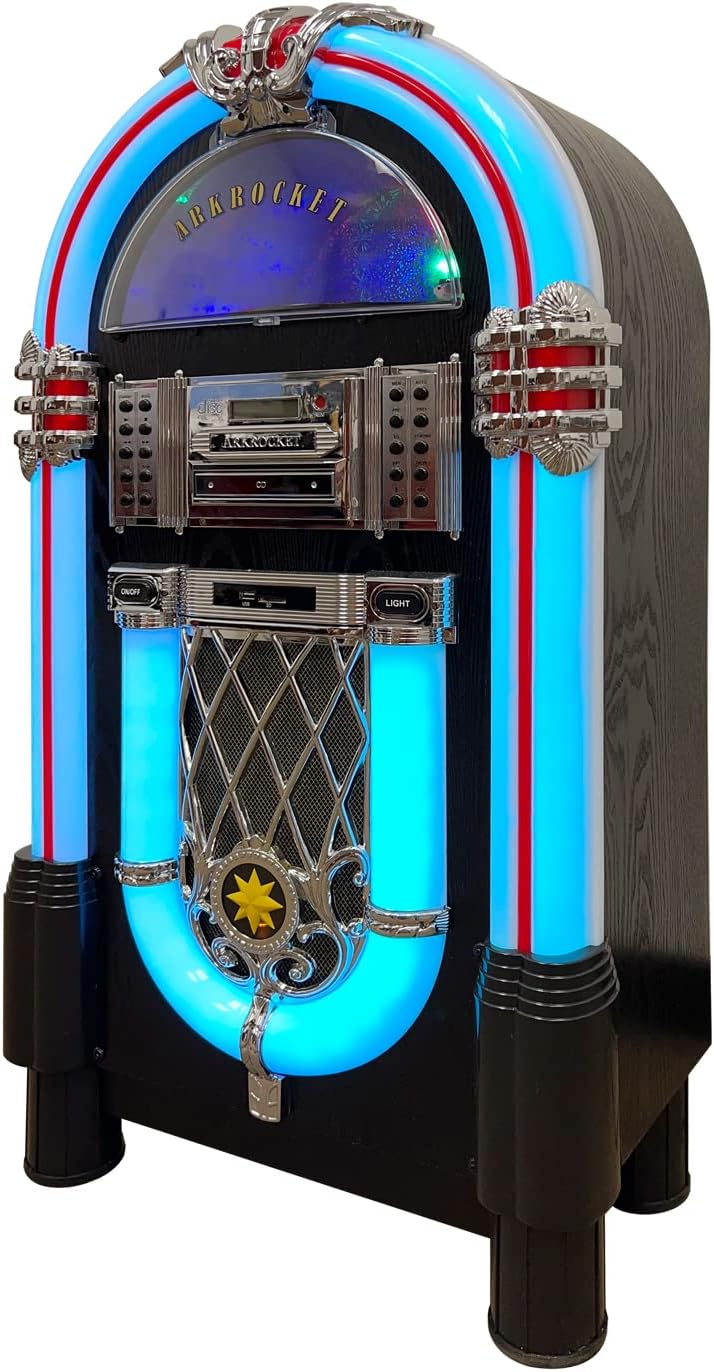 Arkrocket Taurus II Mid-Size Jukebox Vinyl Record Player Bluetooth USB SD CD Player Radio Retro Turntable Classic Jukebox (Taurus II - Black)