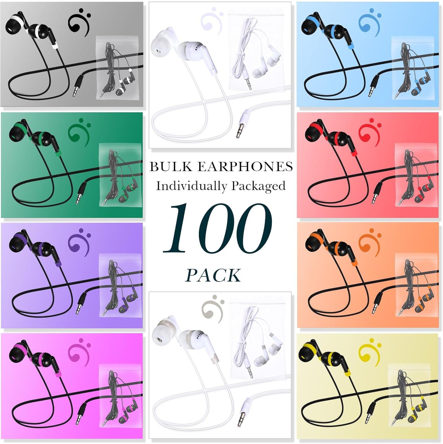 Kanayu 100 Pack Wired Earbuds Bulk for Classroom Ear Headphones Wired Basic Student Earbuds No Microphone with 3.5mm Jack for Kids Class Laptop School Library, Individually Bagged(Colorful)