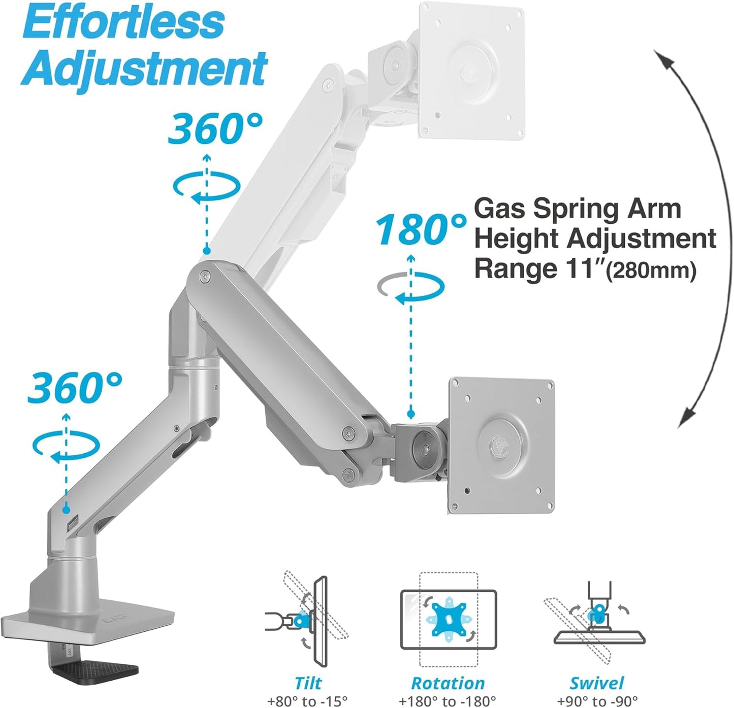 AVLT Single 34”-57” Monitor Arm Desk Mount fits One 44 lbs Heavy Duty Screen Full Motion Height Swivel Tilt Rotation Adjustable Gray Arm VESA 200x200 200x100 100x100 75x75