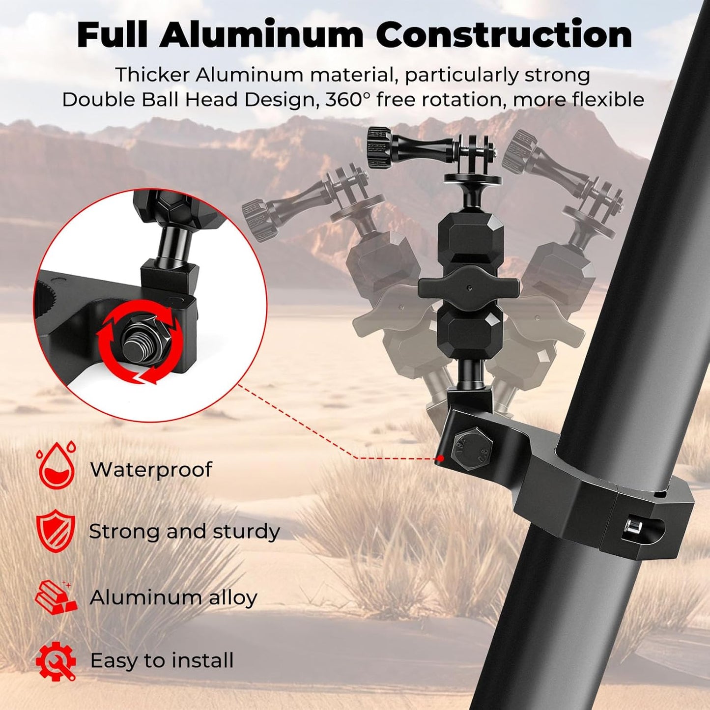 Jerbor Aluminum UTV ATV Camera Mount Holder 360° Compatible with 1.75"-2" Roll Bar and Tube, Fit for GoPro Hero,for Insta360 and Other Action Cameras