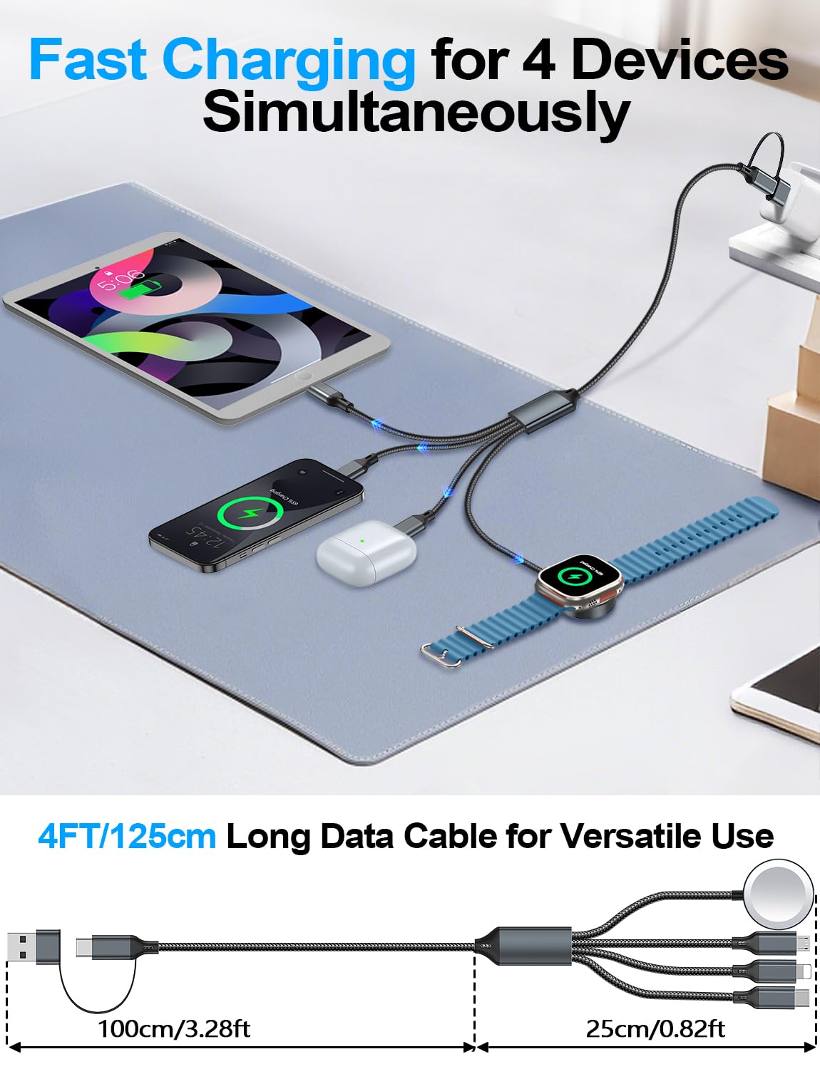 4-in-2 Charging Cable for Apple Watch Charger/Samsung/iPhone Charger,Car/Travel Essentials,Type C Cable Multi Cord for iWatch Ultra/10-2/iPhone 16-11/Samsung S25-S20,PlayStation 4,iPad,airPods-Black