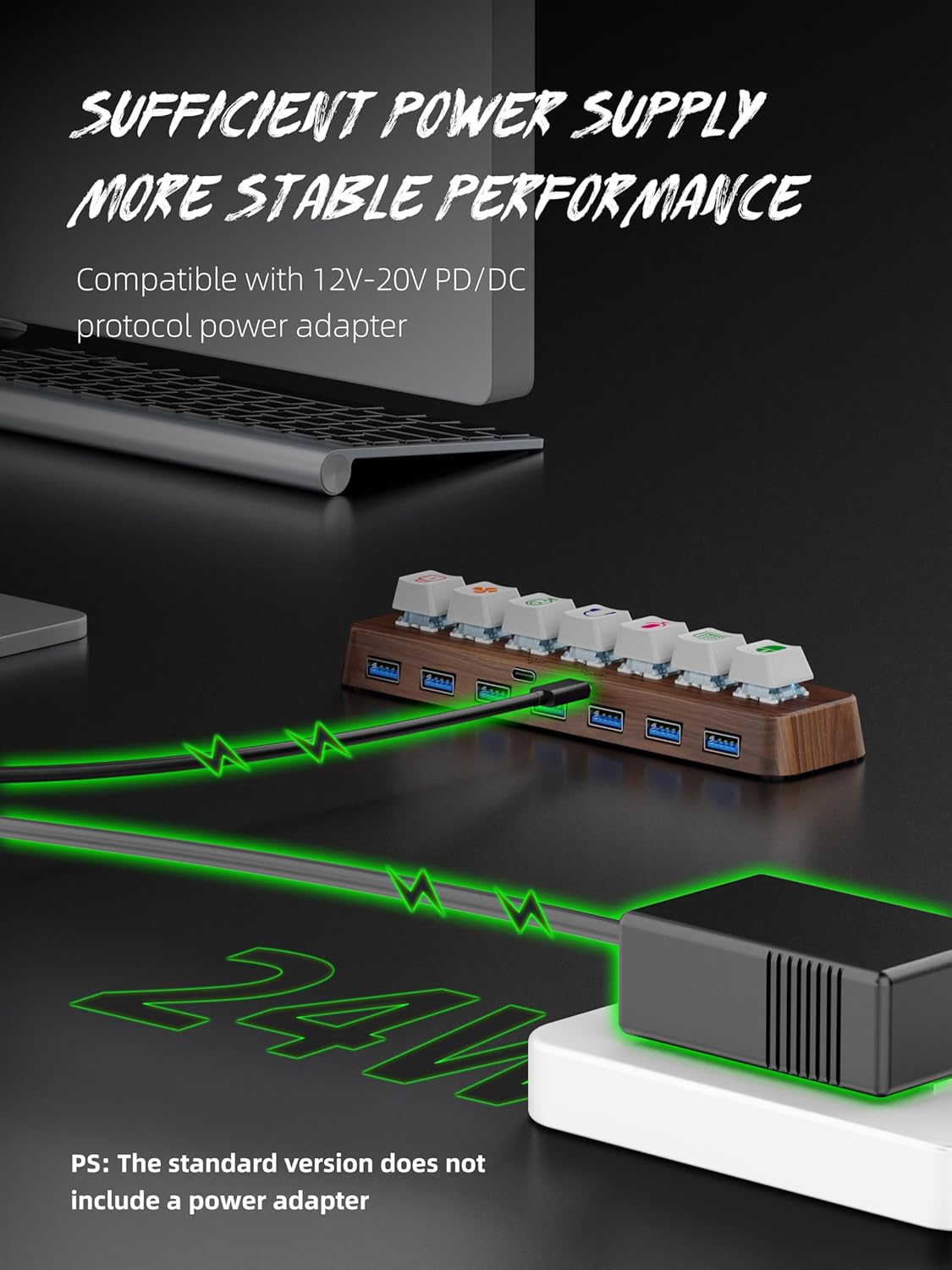 7-Port USB 3.0 Powered Hub, RGB Lighting, Hot-Swappable Cherry MX Switch Support, 5Gbps Speed, Includes 12V/2A Power Adapter, Walnut Wood Cyberpunk USB Dock-FU0724