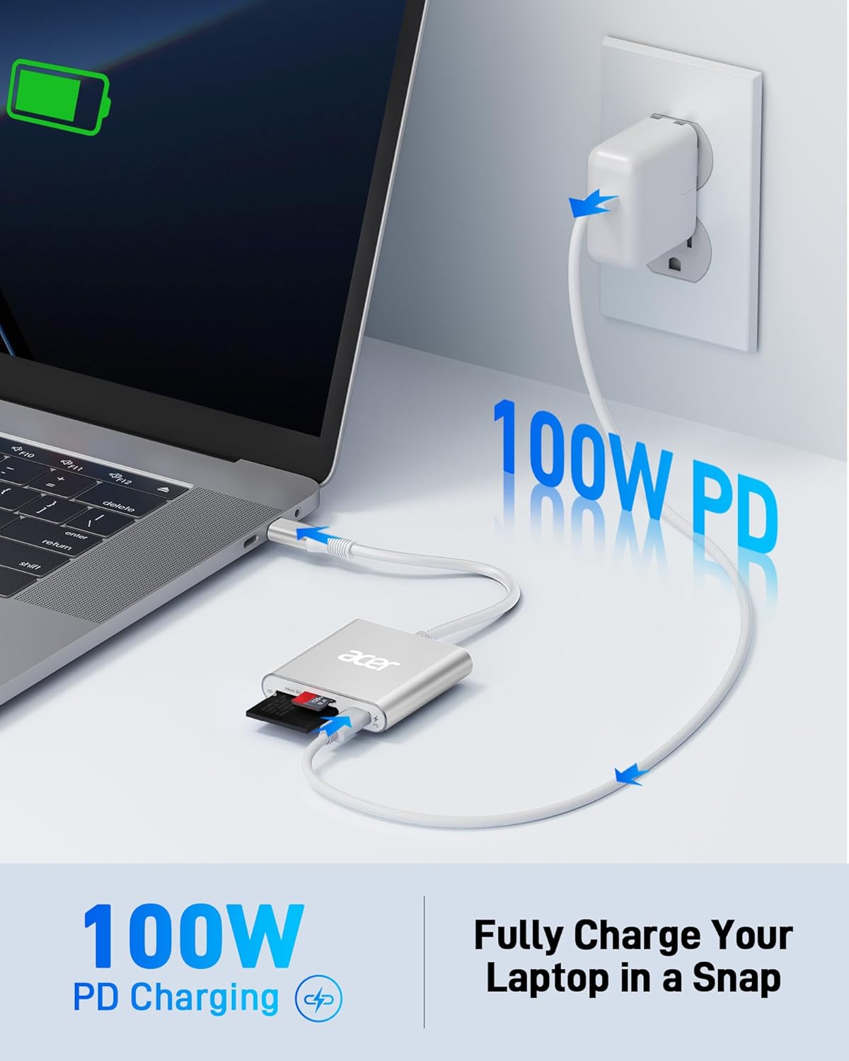 Acer SD 4.0 Card Reader, UHS-II Micro SD Reader USB C, Dual Slot Type C Memory Card Adapter with 100W PD Port for MicroSD SDXC SDHC UHS-II & UHS-I for iPhone 15/16, Laptop, MacBook(Silver)