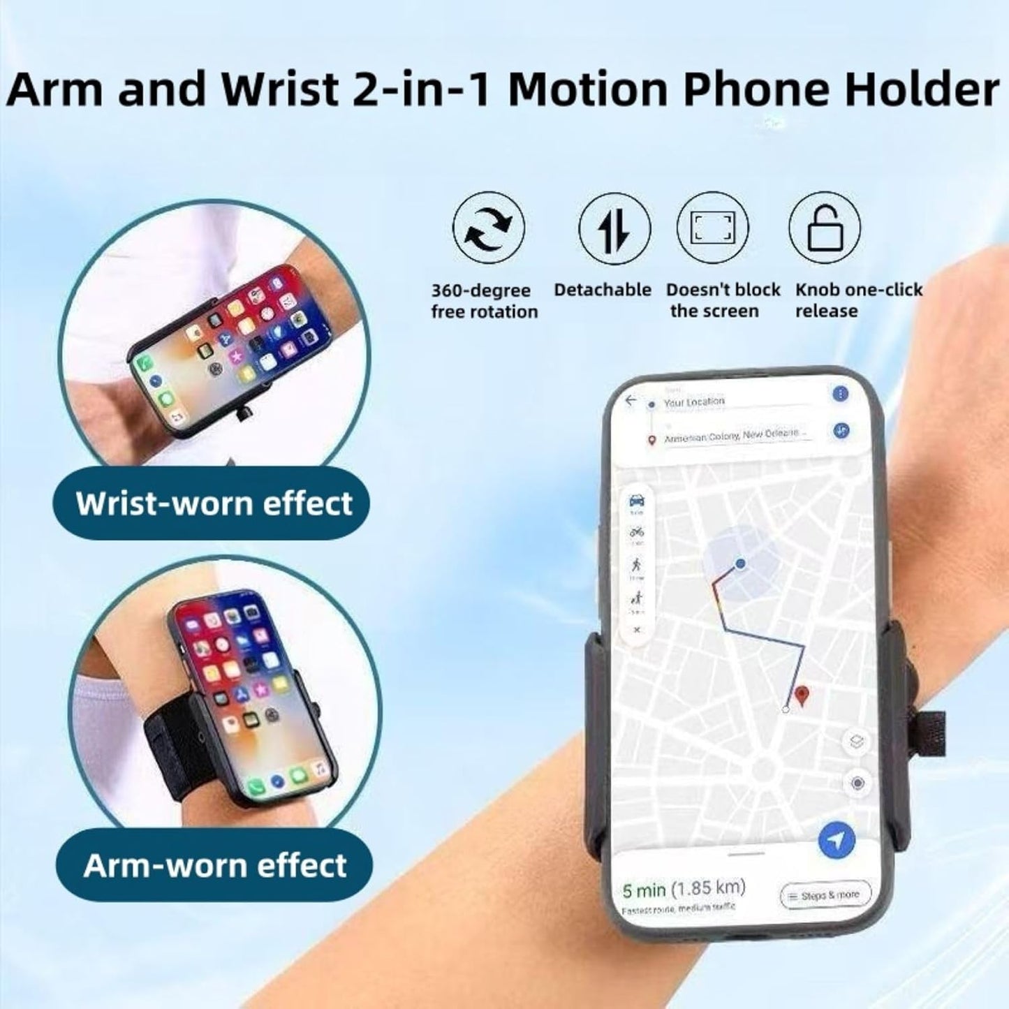 2-in-1 Wrist & Arm Phone Holder for Running/Cycling – 360° Swivel, Fits iPhone/Samsung 4.0-7.0 Inch Smartphones