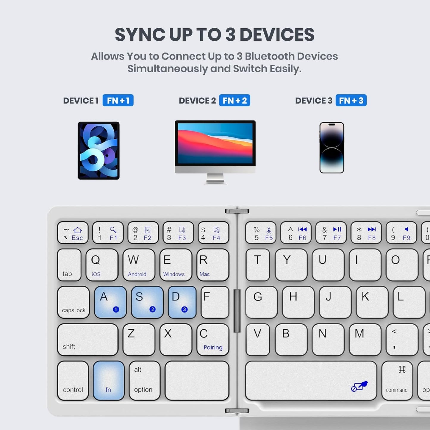 Foldable Bluetooth Keyboard, Portable Full Size Folding Keyboard with Large Touchpad, Numeric Keypad, PU Leather, Wireless Travel Keyboard for Windows Android Mac(White)