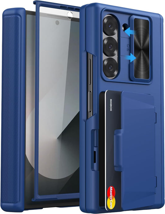 for Samsung Galaxy Z Fold 6 Case with Card Holder & Hinge Protection, Built-in Screen Protector & Camera Cover, Sturdy Durable Protective Multifunctional Wallet Phone Case for Z Fold 6 5G, Blue