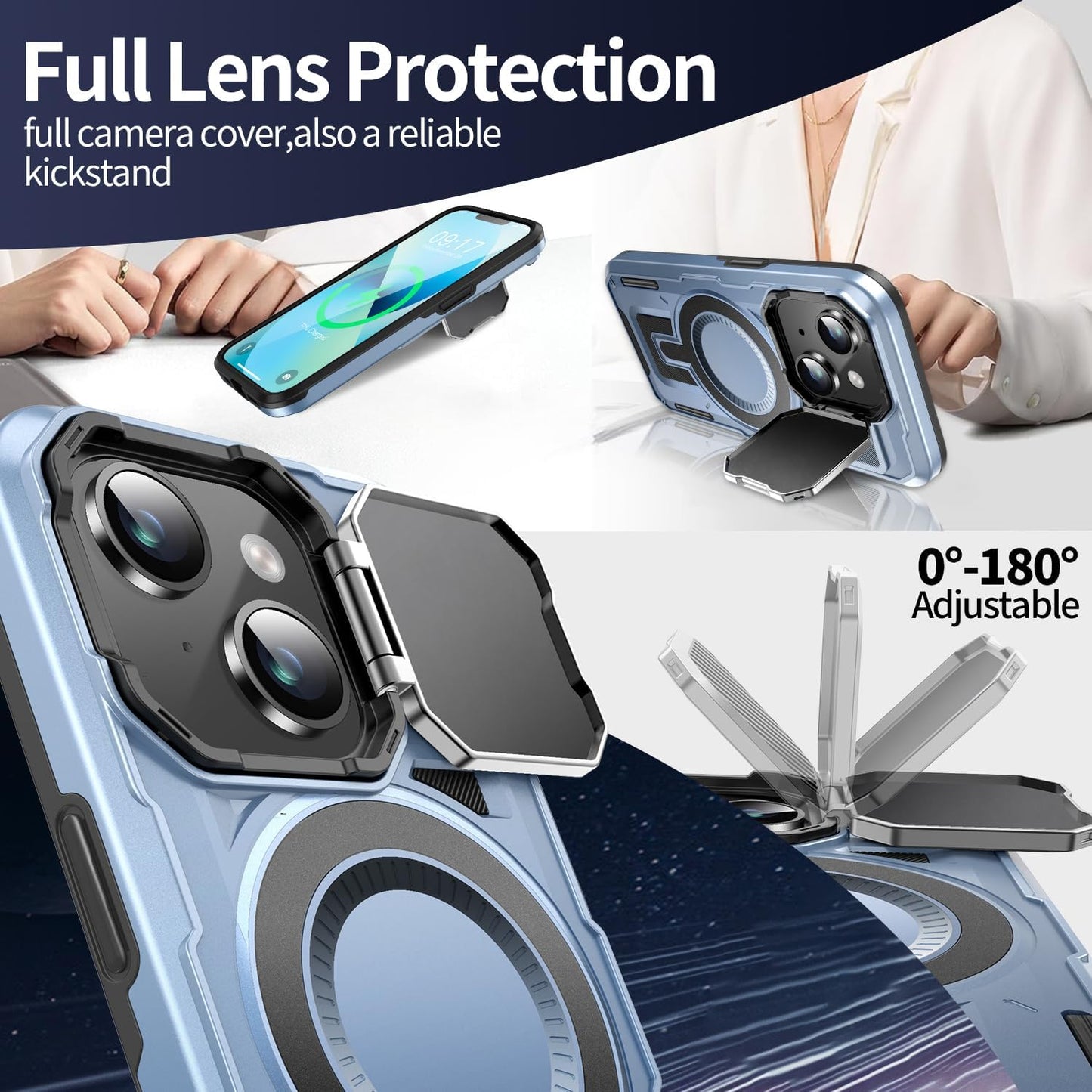 Camera Stand Case for iPhone 14 Plus, [Compatible with Mag Safe] [Lens Cover] 2024 Version Military Grade Protective Soft Case for iPhone 14 Plus 6.7 inch Men Women,Blue