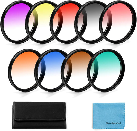 67mm Graduated Color Filters Kit 9 Pieces Gradual Colour Lens Filter Kit Set Accessory for Canon Nikon Sony Pentax Olympus Fuji DSLR Camera + Lens Filter Pouch +Lens Cleaning Cloth