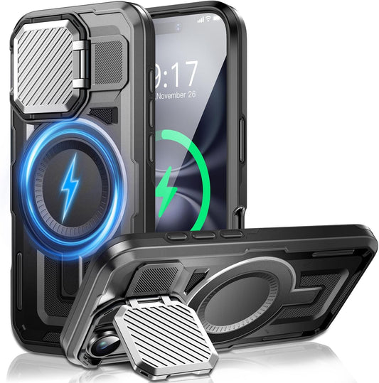 Camera Stand Case for iPhone 16 Plus, [Compatible with Mag Safe] [Lens Cover] 2024 Version Military Grade Protective Soft Case for iPhone 16 Plus 6.7 inch Men Women, Black