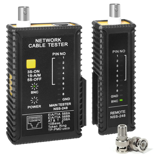 Dual-Function Coaxial & RJ45 Network Cable Tester with 2-Pack BNC Male to F Female Adapters, CAT5/CAT6/Coax Continuity Checker (Battery Not Included)