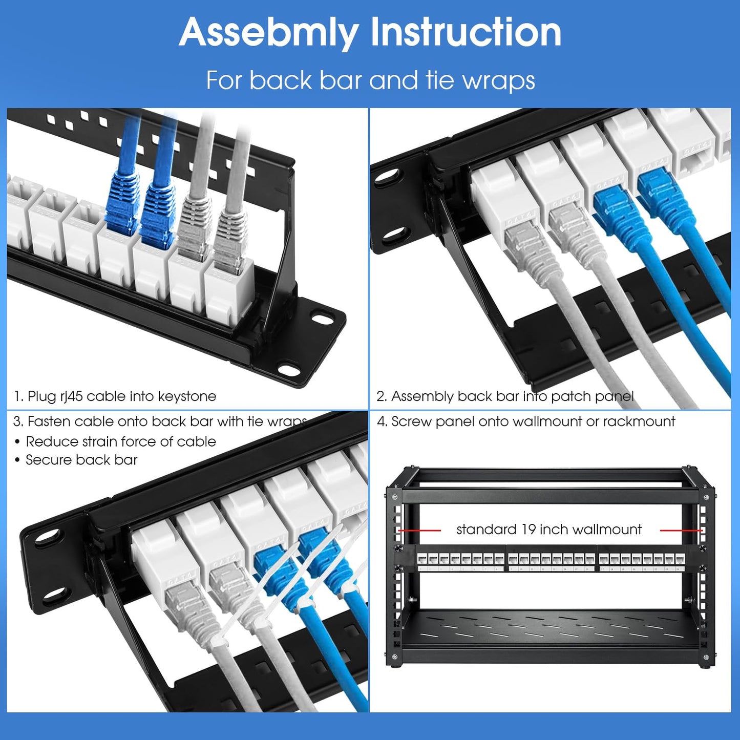 24 Port Keystone Patch Panel, 1U 19-inch RJ45 Network Patch Panel with Back Bar, Loaded with 24 Cat6 Couplers (White)