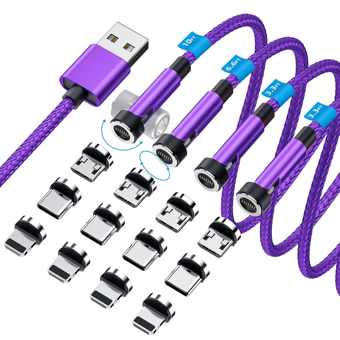 540° Rotation Magnetic Charging Cable 3 in 1 Magnetic Phone Charger [4-Pack, 3ft/3ft/6ft/10ft] 3A Fast Charging Cable & Data Transfer USB Magnet Charger Cable for i-P/Micro USB/Type C Device-Purple