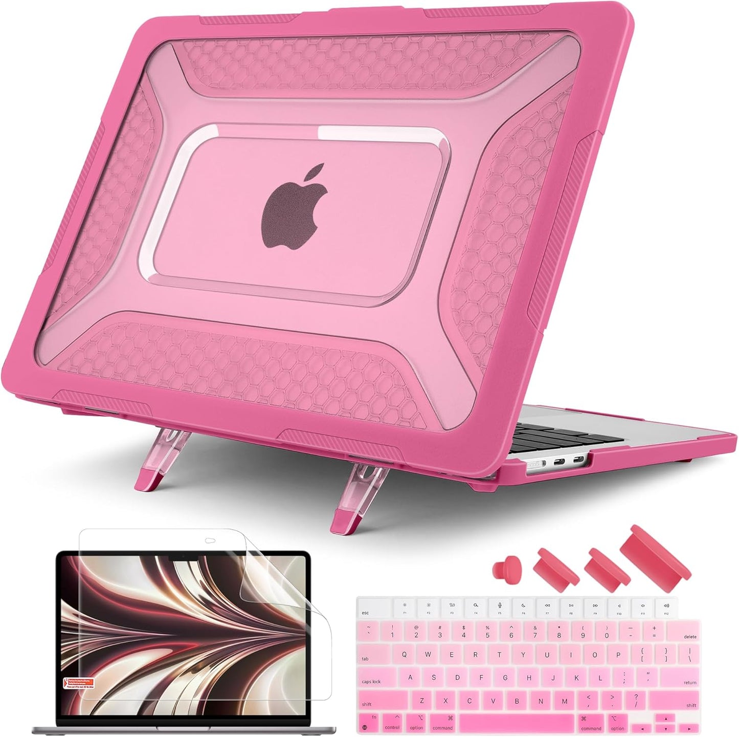 Batianda Case for New MacBook Air 13 inch 2025 M4 Chip 2024 2022 Release A3240 A3113 A2681 Model,Honeycomb Heavy Duty Protective Hard Shell with TPU Bumper Fold Kickstand & Keyboard Cover, Rose