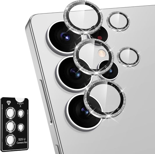 for Samsung Galaxy S25 Ultra Camera Lens Protector, Individual Metal Ring Tempered Glass Lens Cover, [Strong Adsorption] Scratch Resistant Ultra-Thin HD Clear Lens Cover, 1 Set-Silvery Sparkly