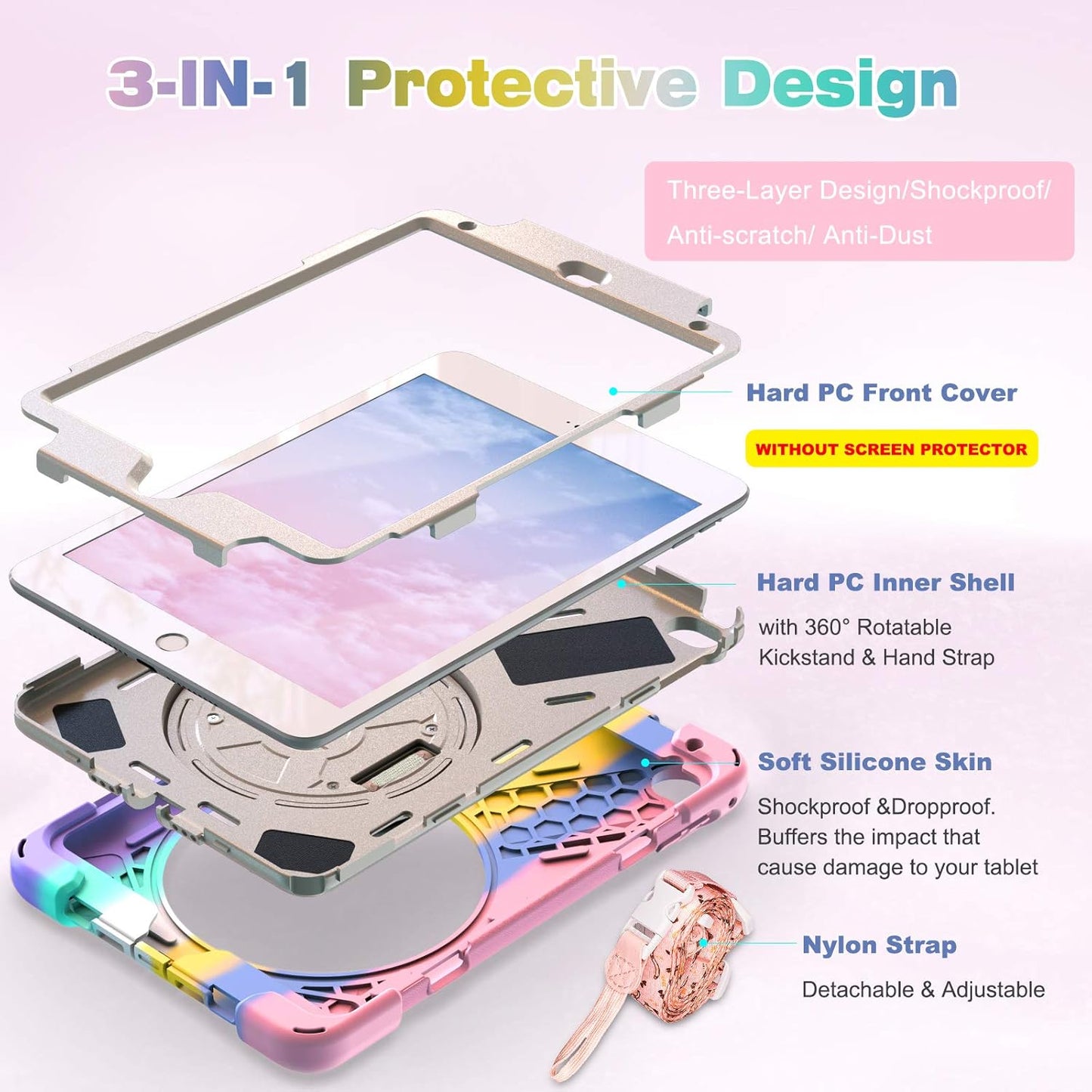 BRAECN iPad mini 5 Case,iPad mini 4 Case, Heavy Duty Shockproof Protective Rugged Case with Pencil Holder,Hand Strap,Kickstand, Shoulder Strap for iPad mini 5th/4th Generation 7.9 Inch for Kids